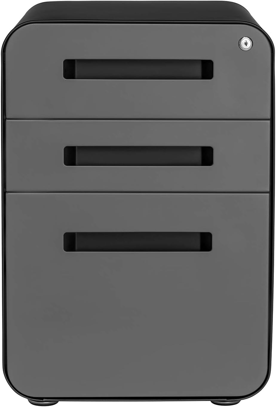 Stockpile 3 Drawer File Cabinet with Lock - under Office Desk Metal Filing Cabinet, Legal/Letter File Folders, Wheels and Stationary Feet, Pre-Assembled, Black/Grey-4
