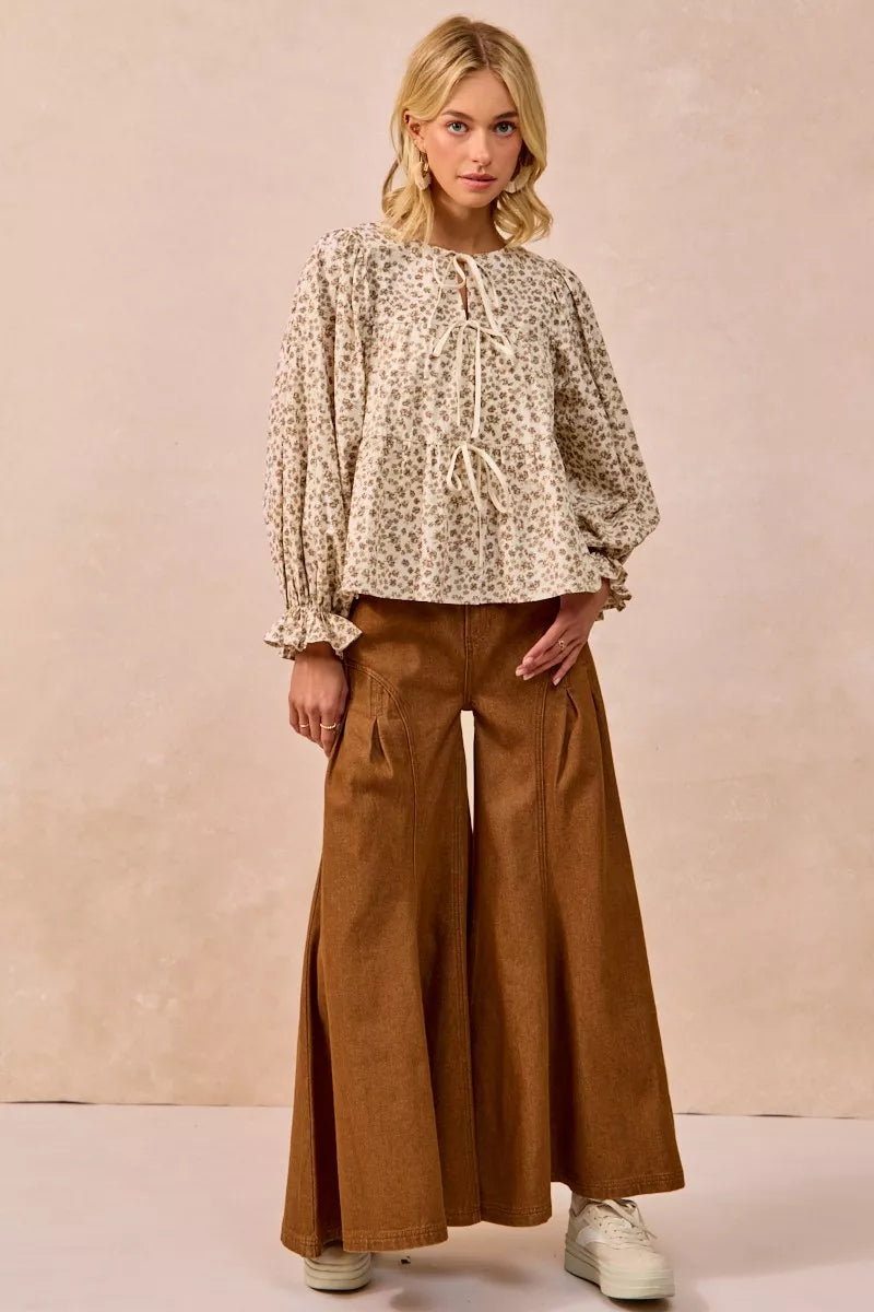 BiBi Floral Printed Peplum Blouse with Shirring and Tied
