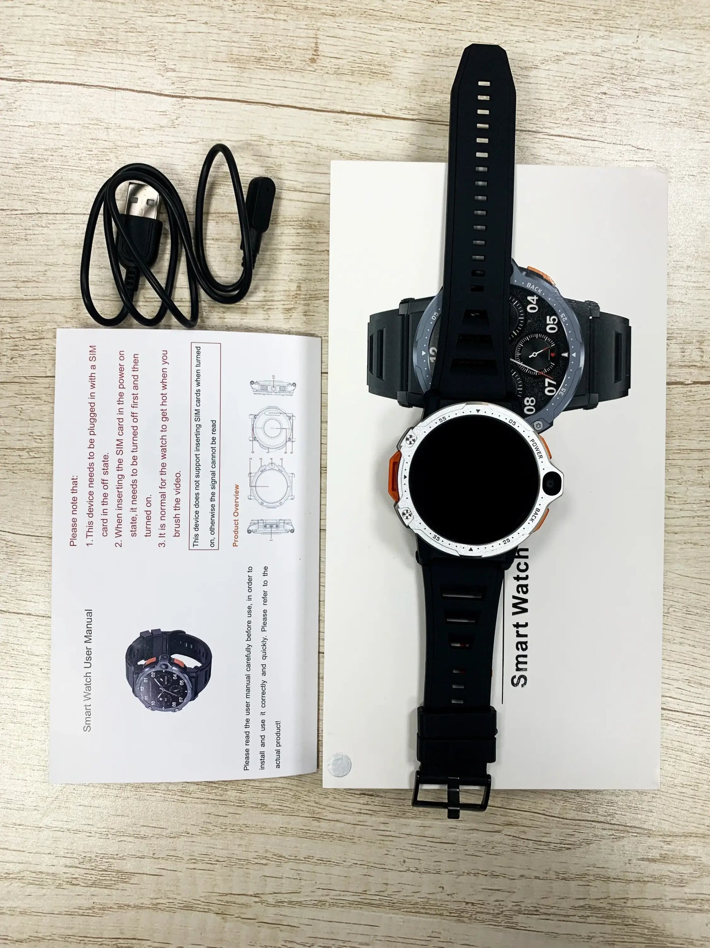 Black smart watch with circular face, orange bezel, 4G Android Smartwatch with GPS