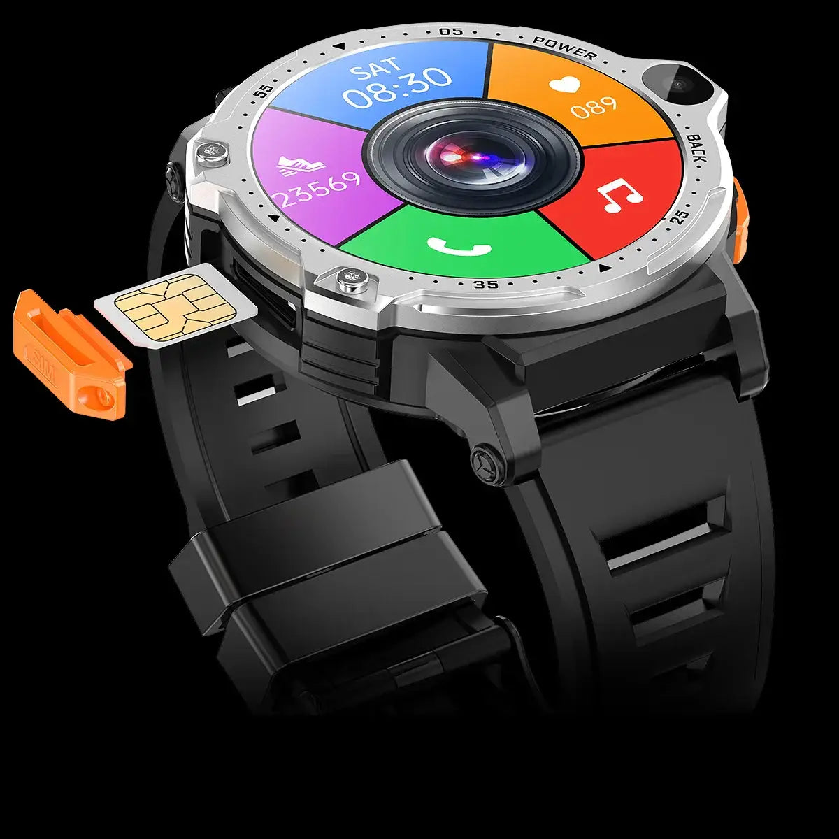Black 4G Android Smartwatch with SIM slot, GPS, HD Camera, 64GB ROM, width 750px height
