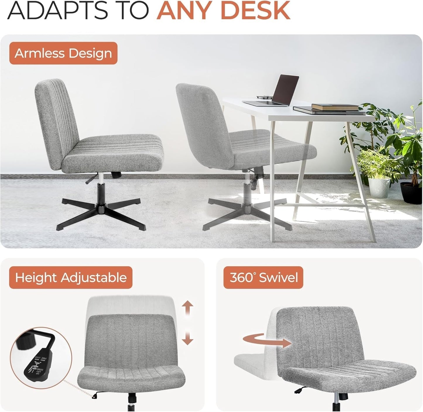 Cross Legged Office Desk Chair No Wheels Fabric Padded Modern Swivel Height Adjustable Wide Seat Computer Task Vanity Chair for Home Office Mid Back Accent Chair (Grey)-4