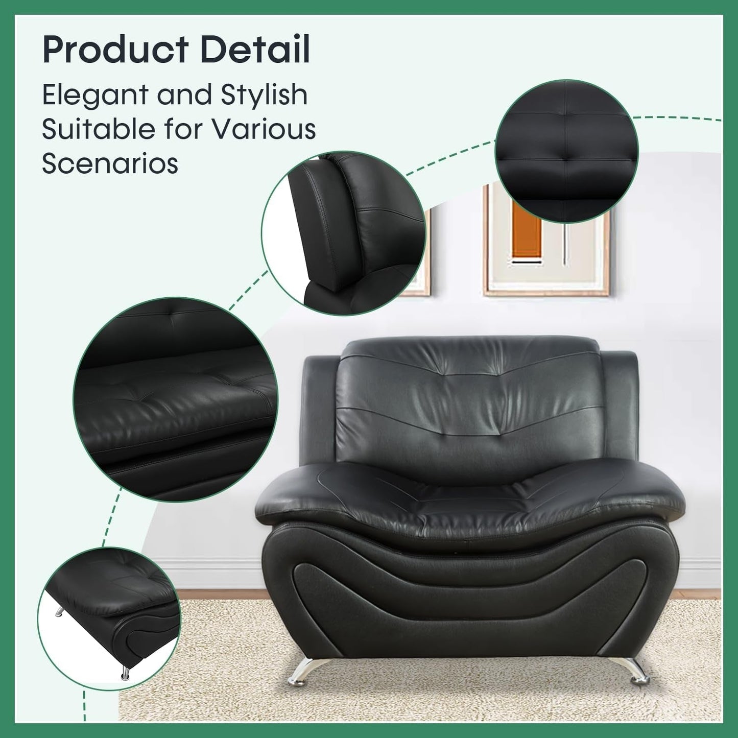 Leather Sofa Set,Leather Sofa Set for Living Room Furniture Sets, Loveseat Sofa with Chair 3-Piece for Living Room/Office/Apartment(Black)-4