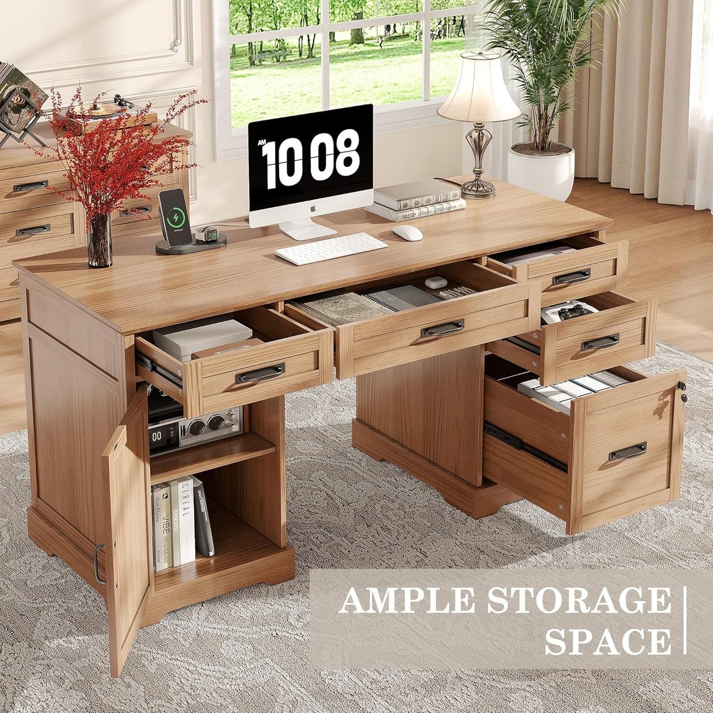 55'' Farmhouse Executive Desk, Home Office Desk with Drawers, Wood Computert Desk with File Cabinet and Power Outlets, Walnut-4