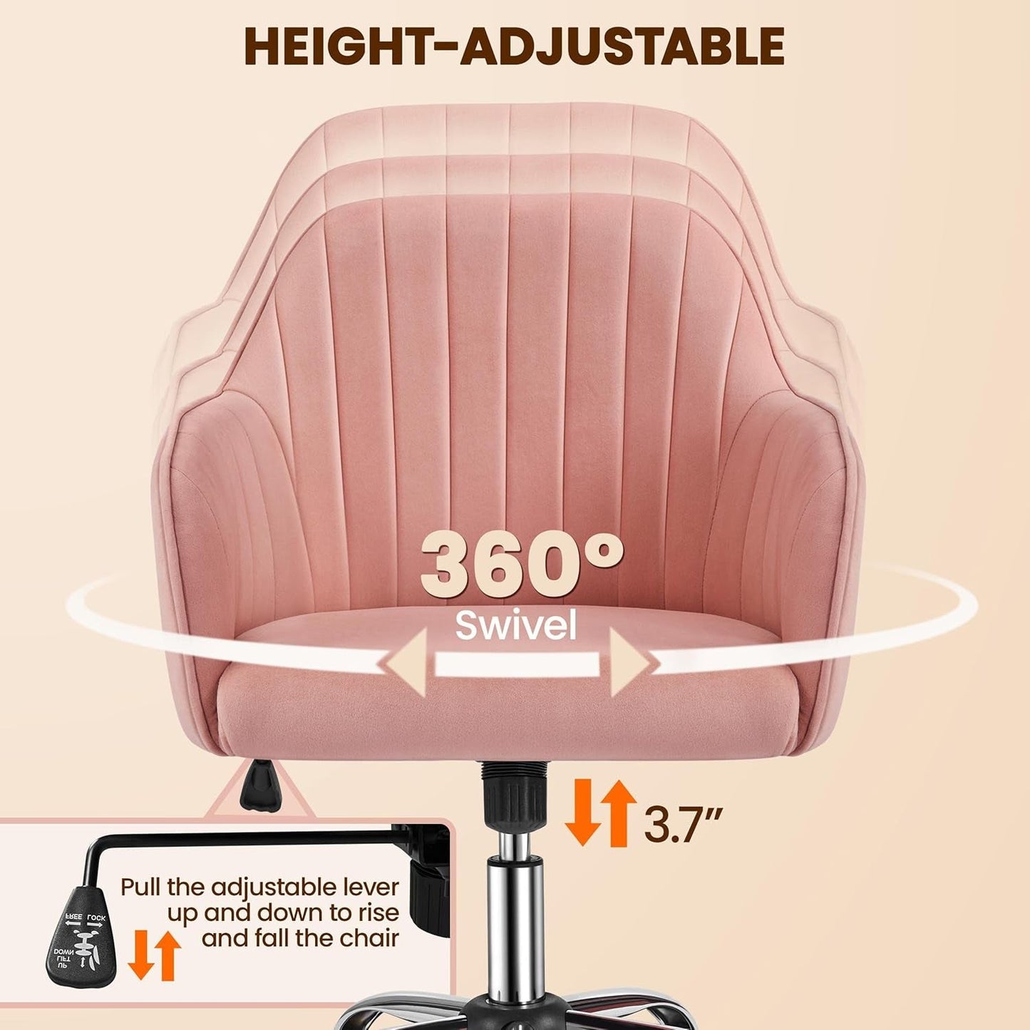 Pink Desk Chair Cute Office Chair Velvet Vanity Chair Desk Chair Comfy Modern Aesthetic Accent Chair Height Adjustable 360° Swivel Computer Chair for Bedroom-4
