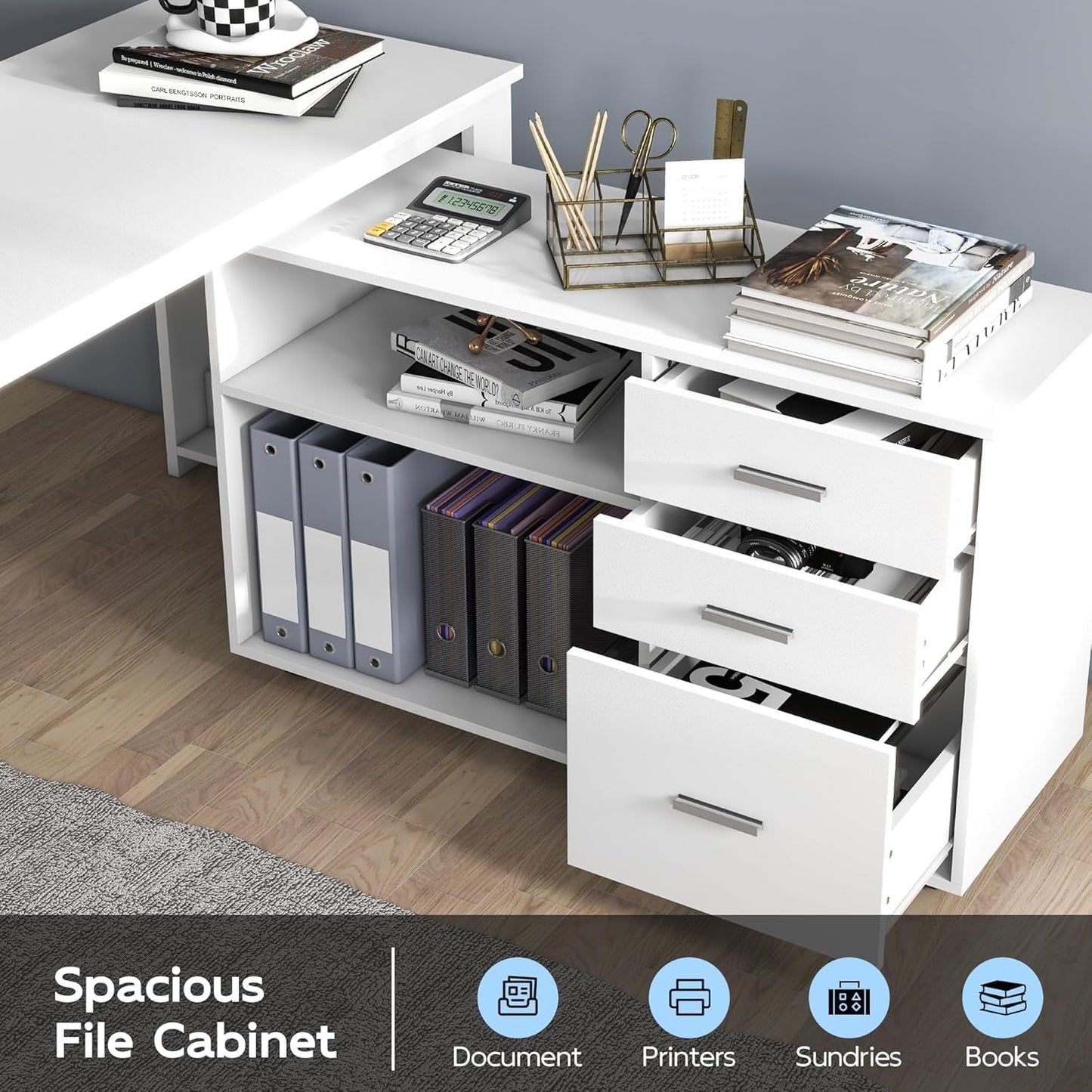 55Inch White L Shaped Desk, Corner Computer Desk with 3 Drawers and 2 Shelves, Writing Office Table with Storage File Cabinet, Large Executive Desk with Wheels for Home Office, Bedroom-4