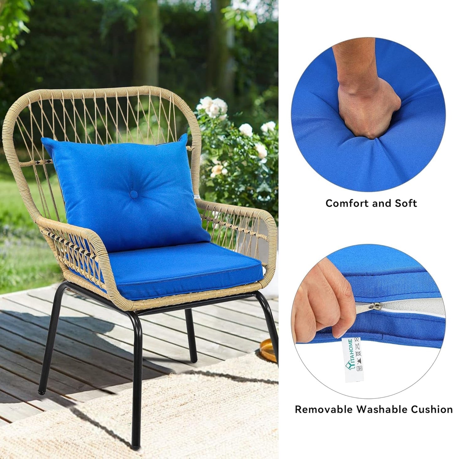 3-Piece Outdoor Patio Furniture Wicker Bistro Set, All-Weather Rattan Conversation Chairs for Backyard, Balcony and Deck with Soft Cushions, Glass Side Table (Light Brown+Navy Blue)-4