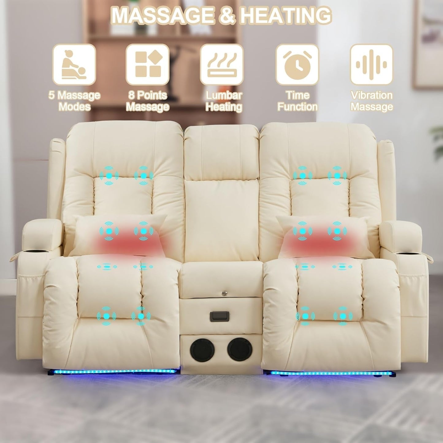 Power Loveseat Recliner Sofa with Massage & Heat Home Theater Seating with Console Electric Recliner RV Sofa with Usb/Outlet/Storage/Side Pocket/Led Light/Speaker (Cream White)-4