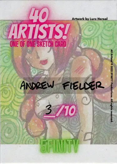 Sketch card by Andrew Fielder featuring a red-haired figure on a green swirled background