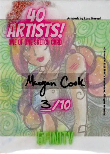 Stylized sketch card by Maegan Cook featuring pink-haired figure on green background