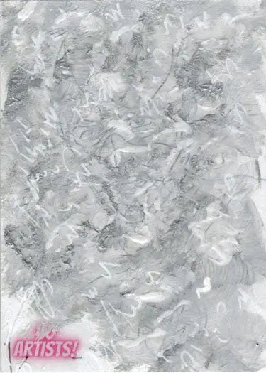 Abstract painting with swirling gray and white brushstrokes on Michael Munshaw sketch card