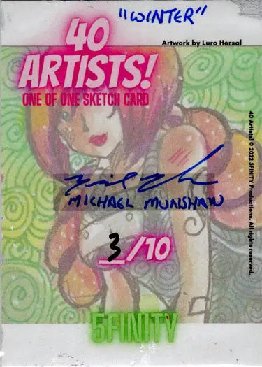 Sketch card by Michael Munshaw featuring a pink-haired cartoon figure on a green swirl