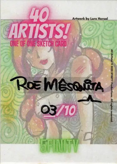 Colorful sketch card by Roe Mesquita featuring a pink-haired cartoon character
