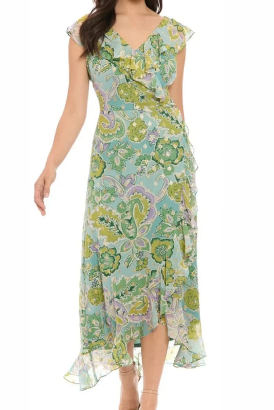 London Times Chiffon Green Metallic Floral Day Dress