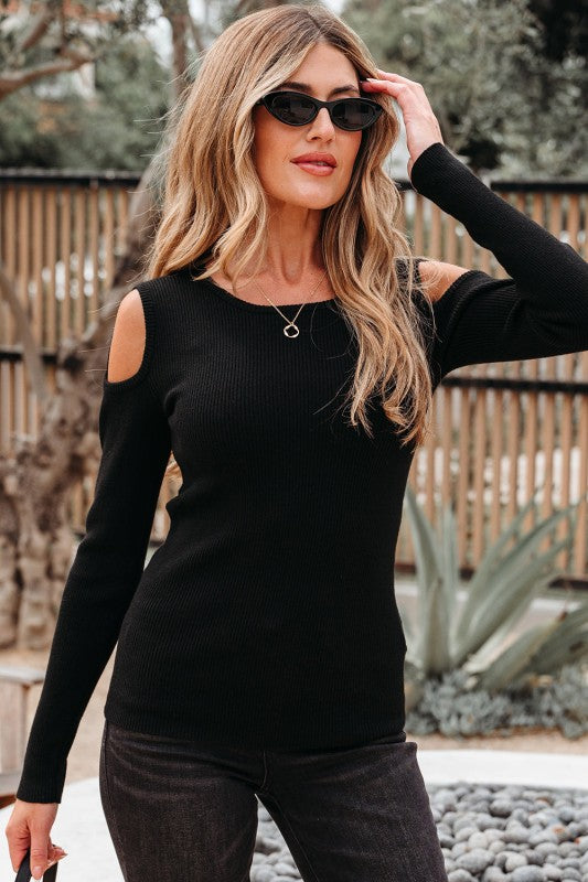 Threaded Pair's Ribbed Knit Cold Shoulder Sweater