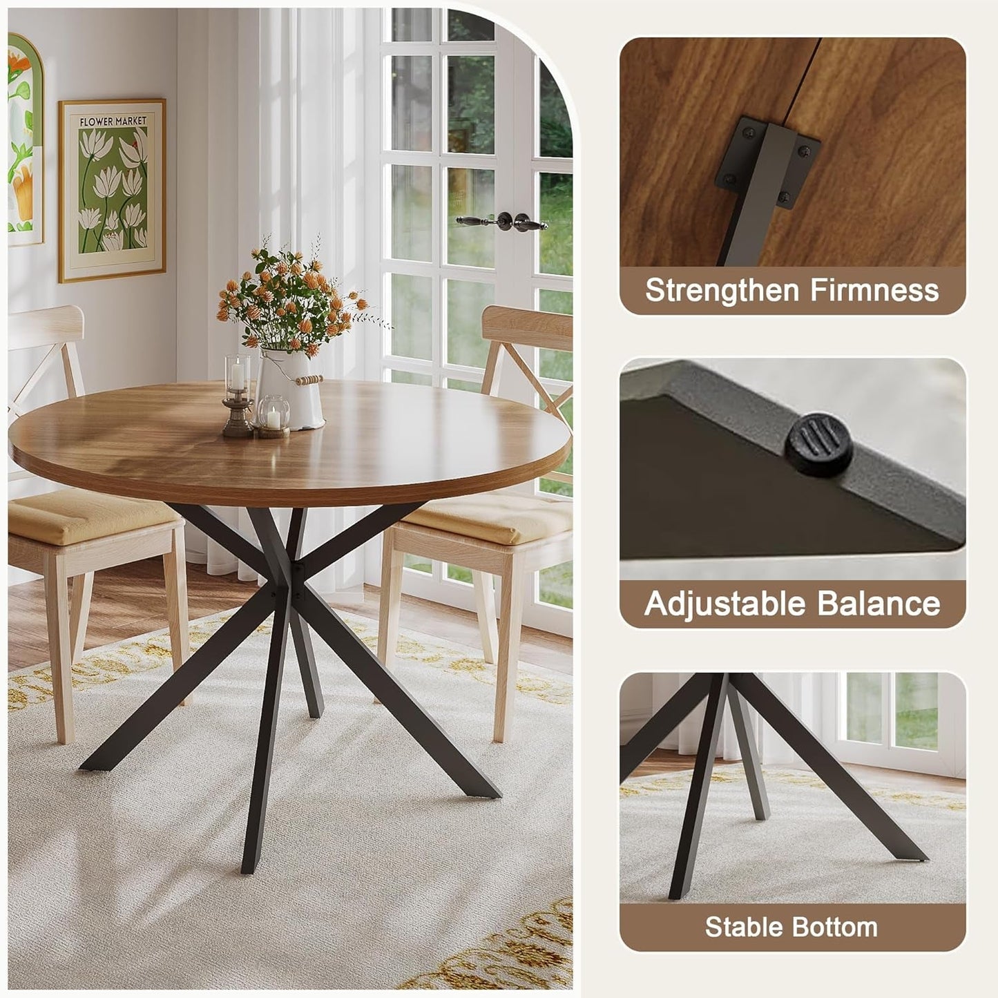 47.2 Inch Round Dining Table For 4 Walnut Farmhouse Kitchen-4