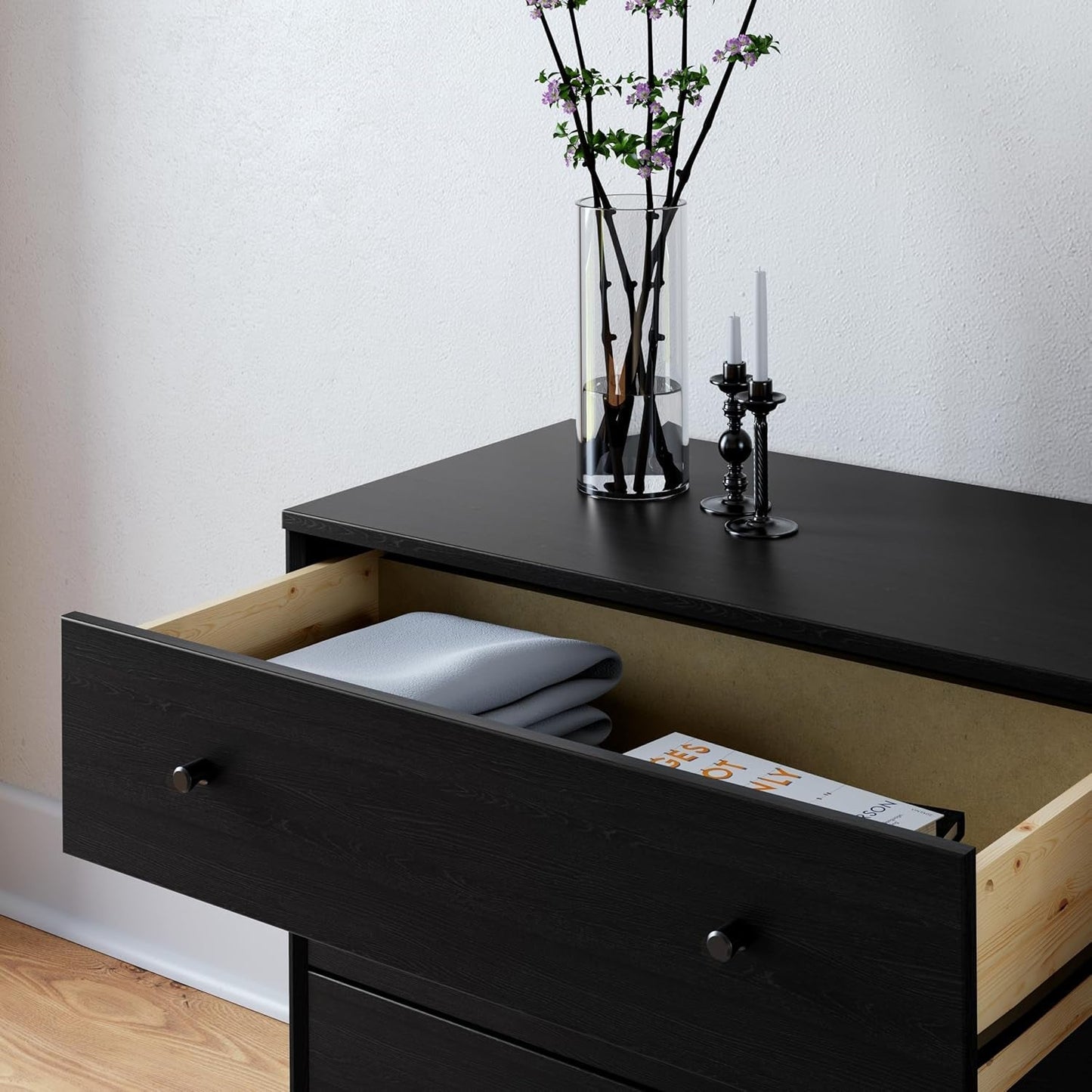 Finnley 3-Drawer Nightstand in Black Oak, Extra-Wide Bedside Table with Storage, Modern End Table for Home, Bedroom, Living Room, 16" D X 31" W X 26.75" H-4