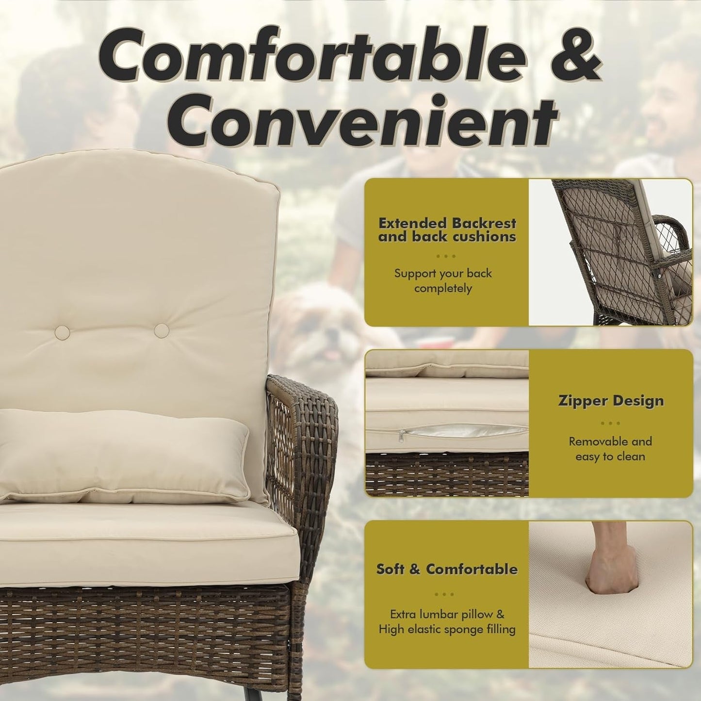 3 Piece Rocking Bistro Set Wicker Outdoor Patio Chairs Rattan Conversation Sets with Coffee Table for Patio, Porch, Backyard, Balcony, Poolside and Garden (Beige)-4