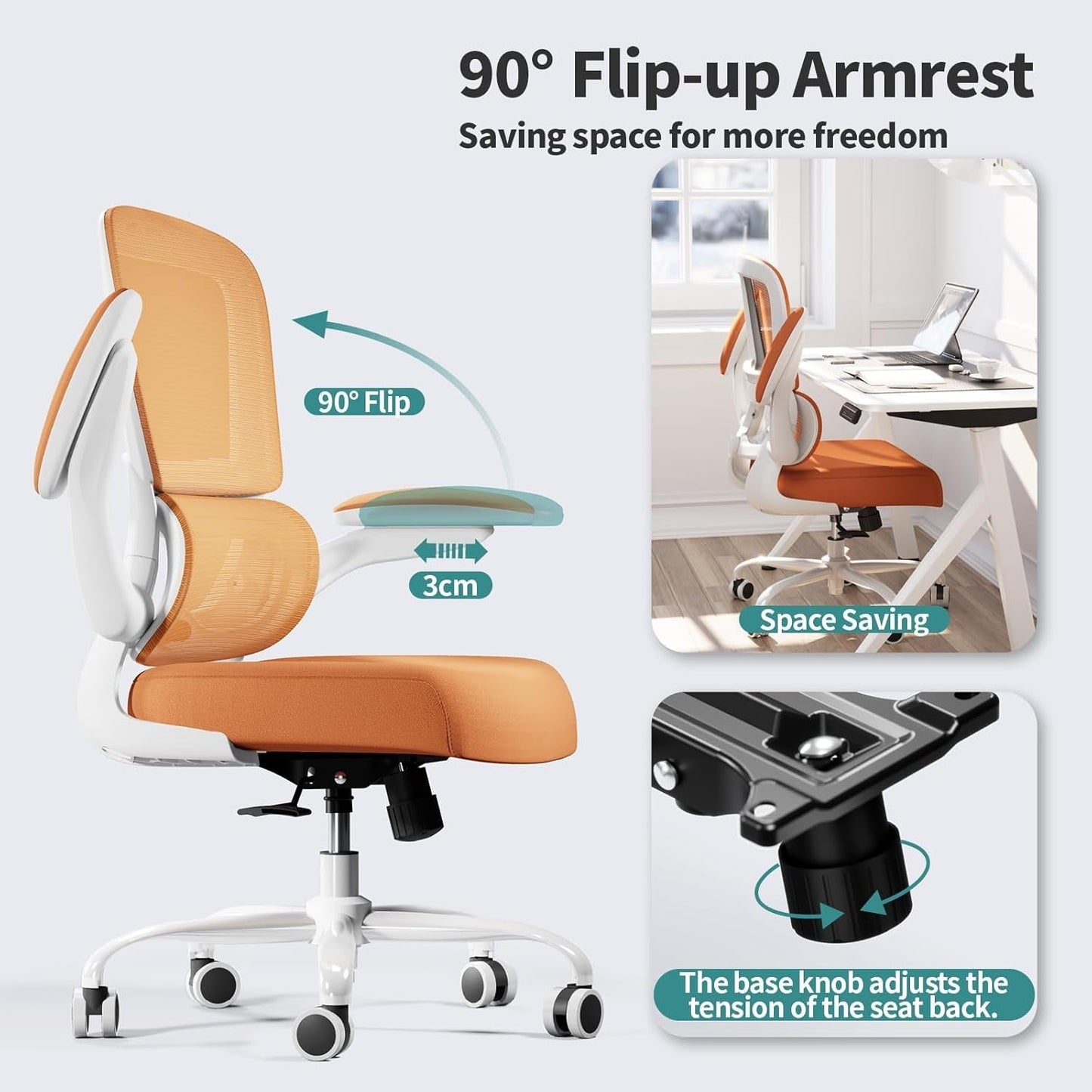 Office Chair - Ergonomic Desk Chair with Adjustable Lumbar Support, Mesh Computer Chair, Executive Chair for Home Office Comfortable Lumbar Support (Orange)-4