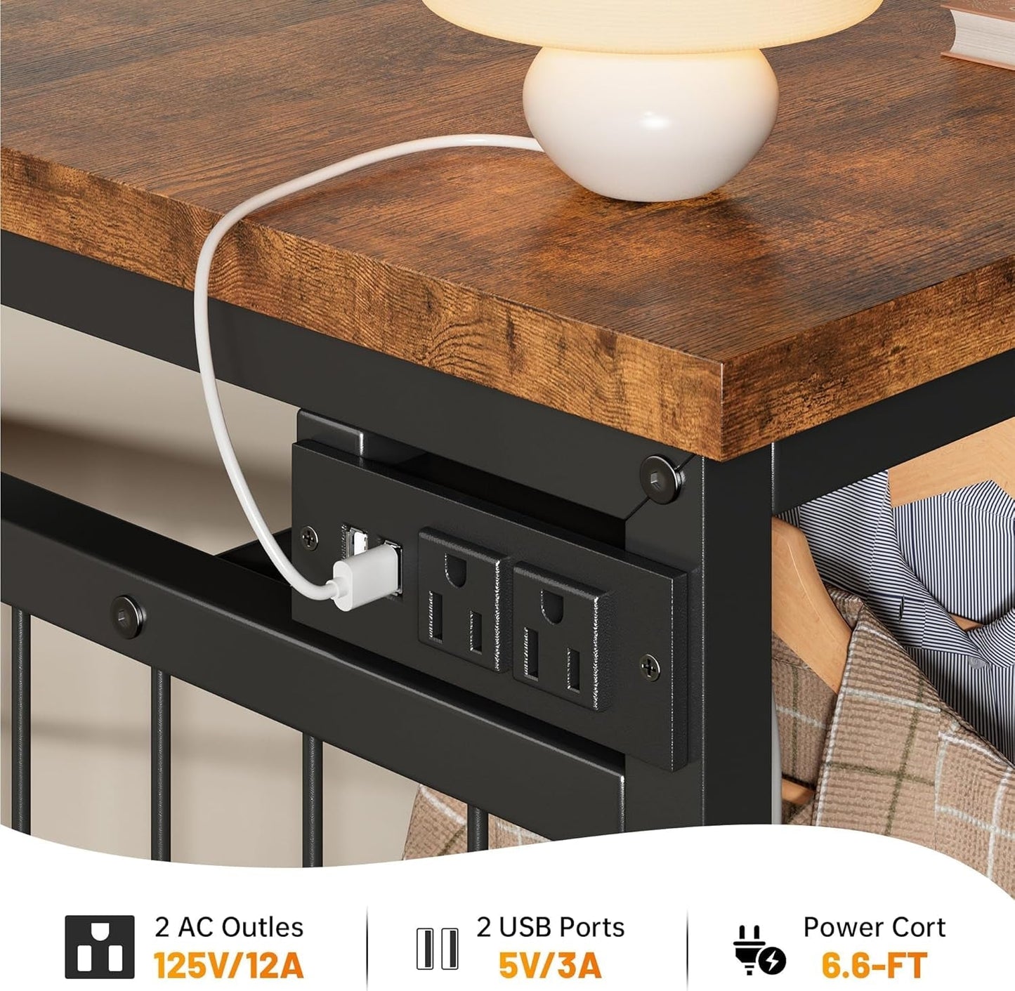 49.2" W Dresser for Bedroom with Hanging Rack 6 Drawer Dresser with LED Lights & Charging Station, Fabric Dressers & Chest of Drawer with Clothes Rack,Wooden Top,Grid Panel,Closet,Rustic Brown-4