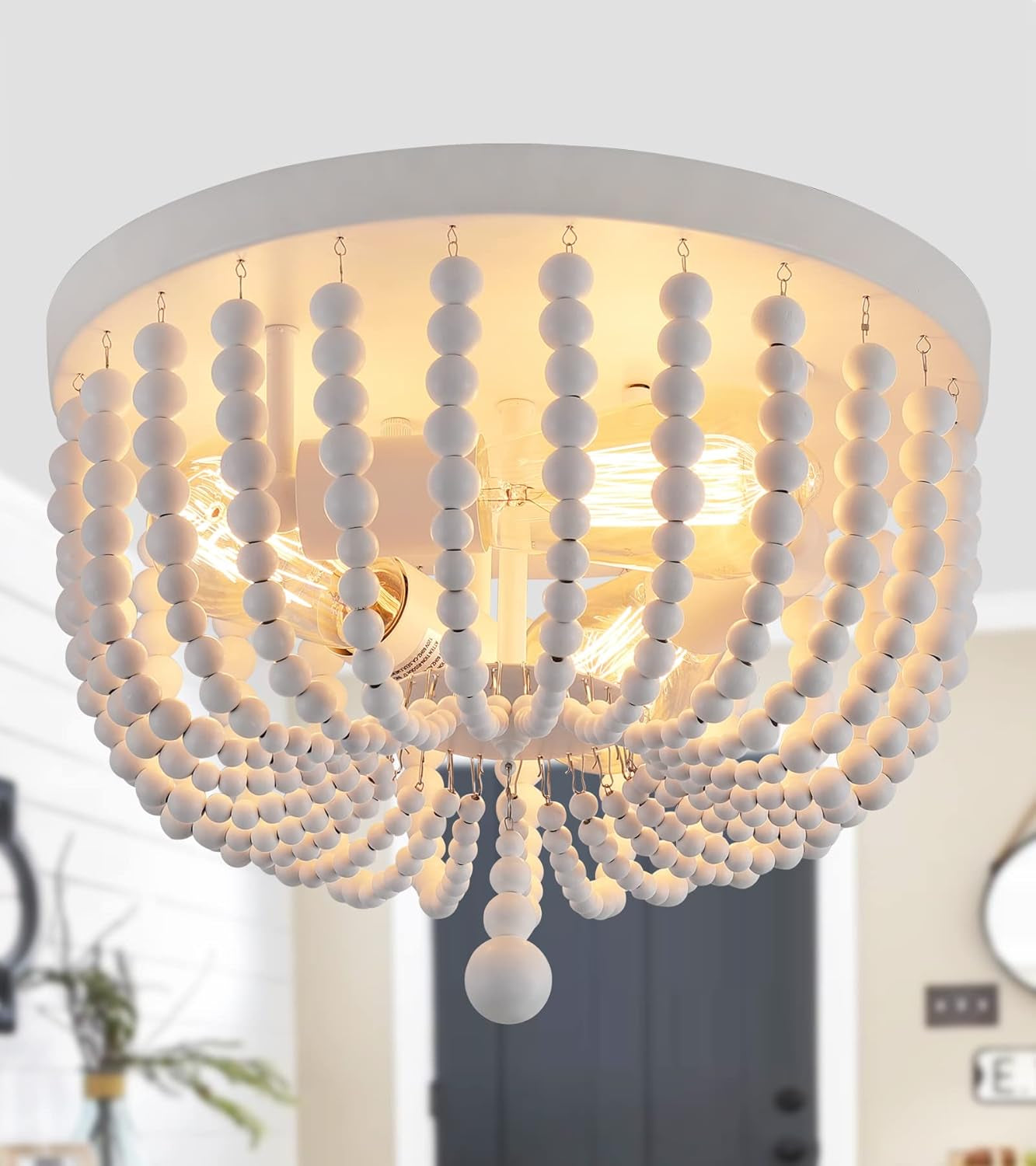 White Boho Beaded Chandeliers Flush Mount Ceiling Light,3-Lights Small Chandelier Light Fixture for Bedroom,Kitchen,Dining Room,Living Room,Stairway Gazebo-1