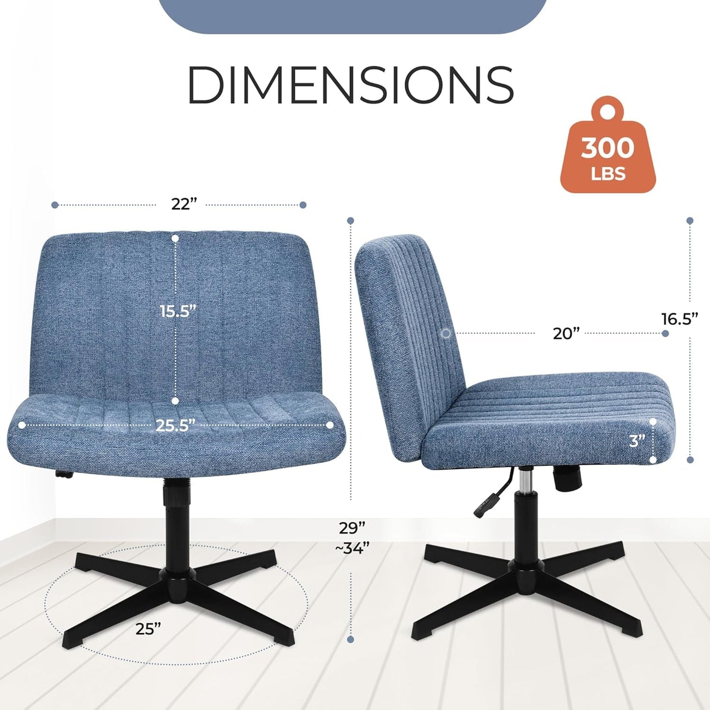 Cross Legged Office Desk Chair No Wheels Fabric Padded Modern Swivel Height Adjustable Wide Seat Computer Task Vanity Chair for Home Office Mid Back Accent Chair (Blue)-1