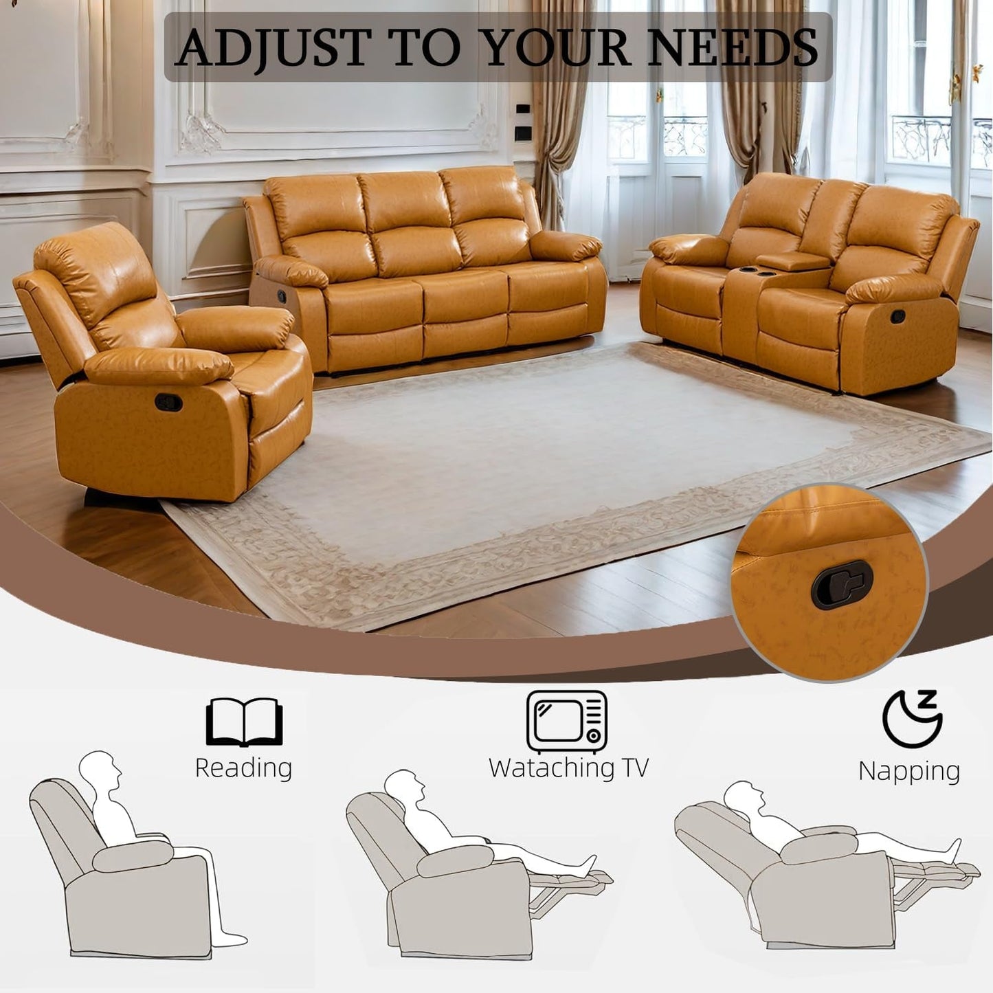 Leather Recliner Sofa Set,Leather Reclining Sofa Set for Living Room Furniture Sets,Ginger Recliner Couch Set for Living Room/Office/Theater Seating(Sofa Set 3 Pieces)-4