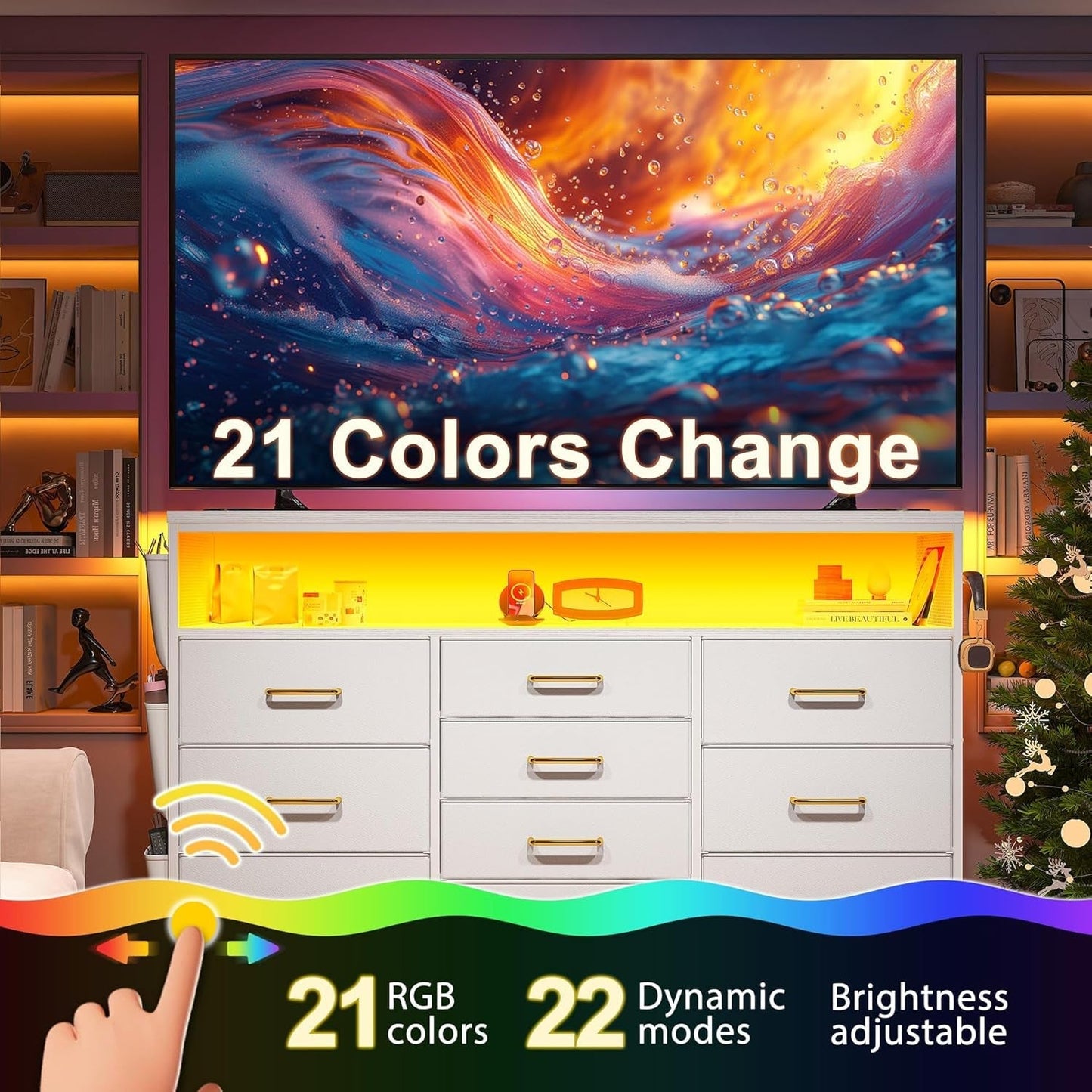 Dresser TV Stand with 10 Drawers for 55" TV Stand for Bedroom with LED Lights & Power Outlets Wide Dresser for Bedroom with Shelves & Side Pockets Sturdy Metal Frame & Wood Top, White-4