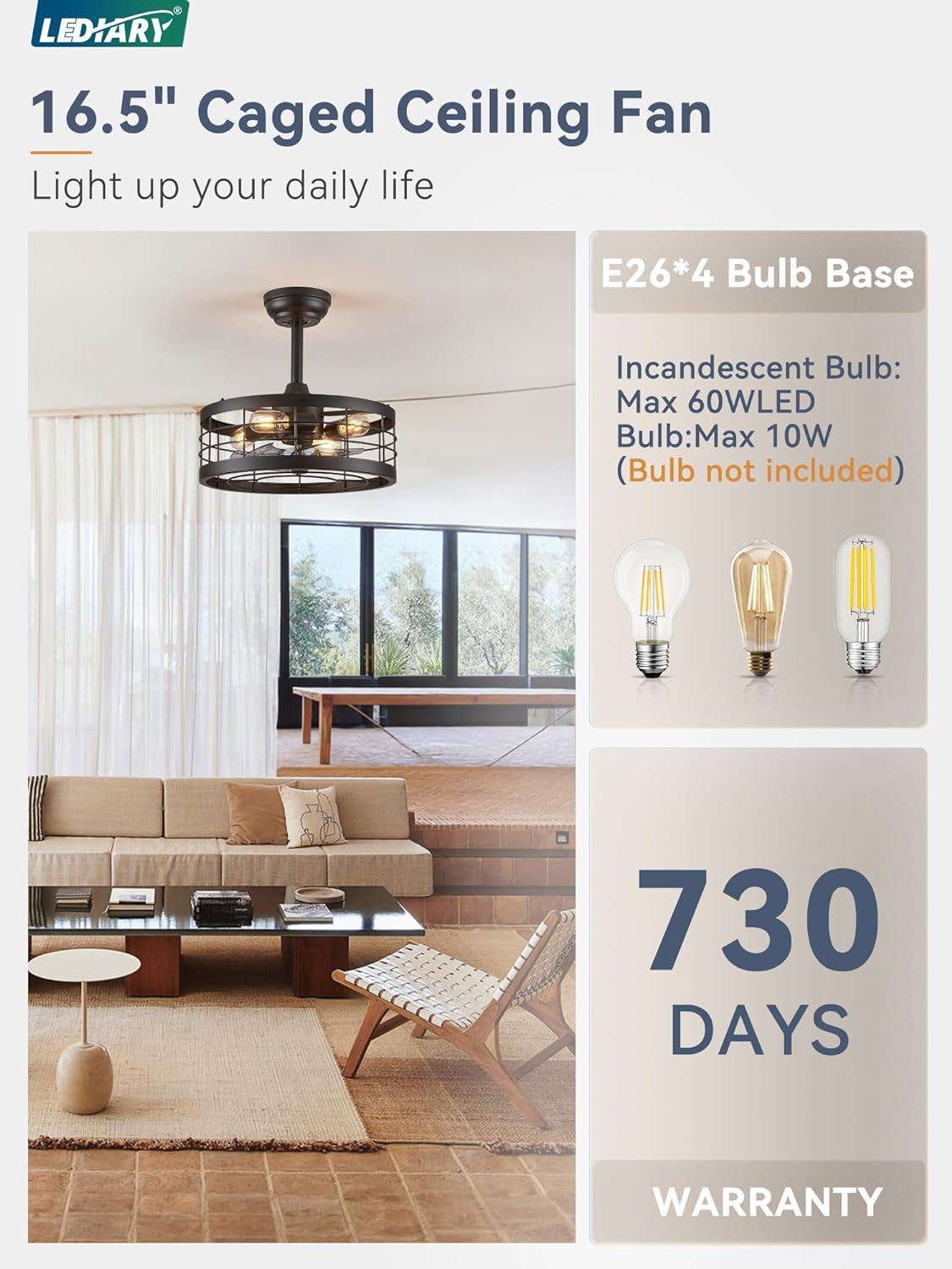 16.5 Inch Black Caged Ceiling Fan with Light, Fandelier Industrial Ceiling Fan with Remote, Farmhouse Fan Lights Ceiling Fixtures for Kitchen, Bedroom, Outdoor(6 Speed, Timing)-Black-4