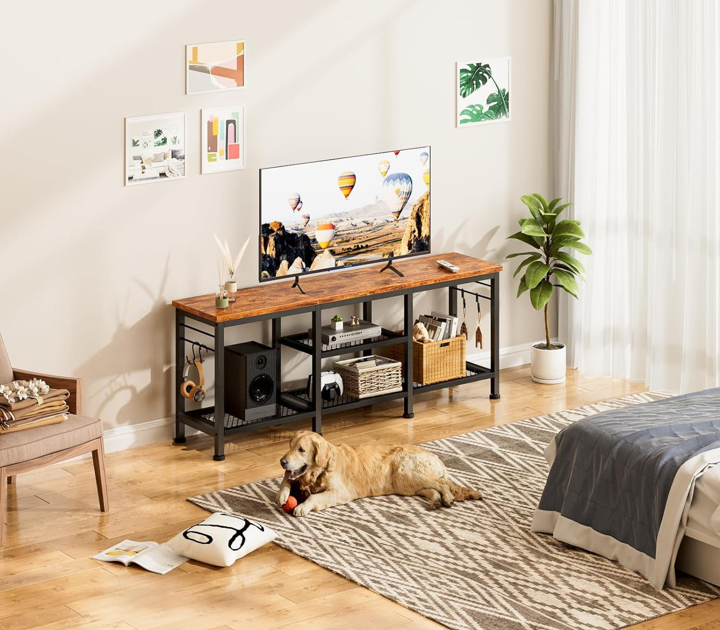 TV Stand for Tvs up to 55 Inch, Entertainment Center with Open Storage Shelves, TV Media Console Table with Soundbar Shelf for Living Room, Bedroom, Rustic Brown-4