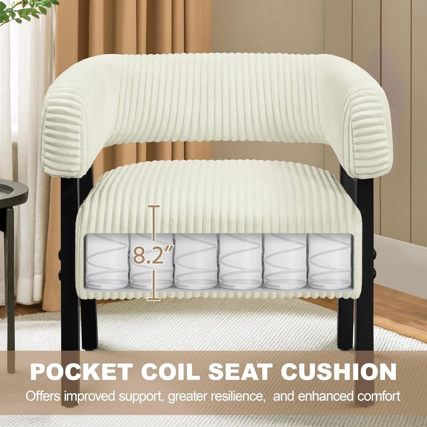 Beige Corduroy Barrel Accent Chair Set of 2 with Wood Legs-4