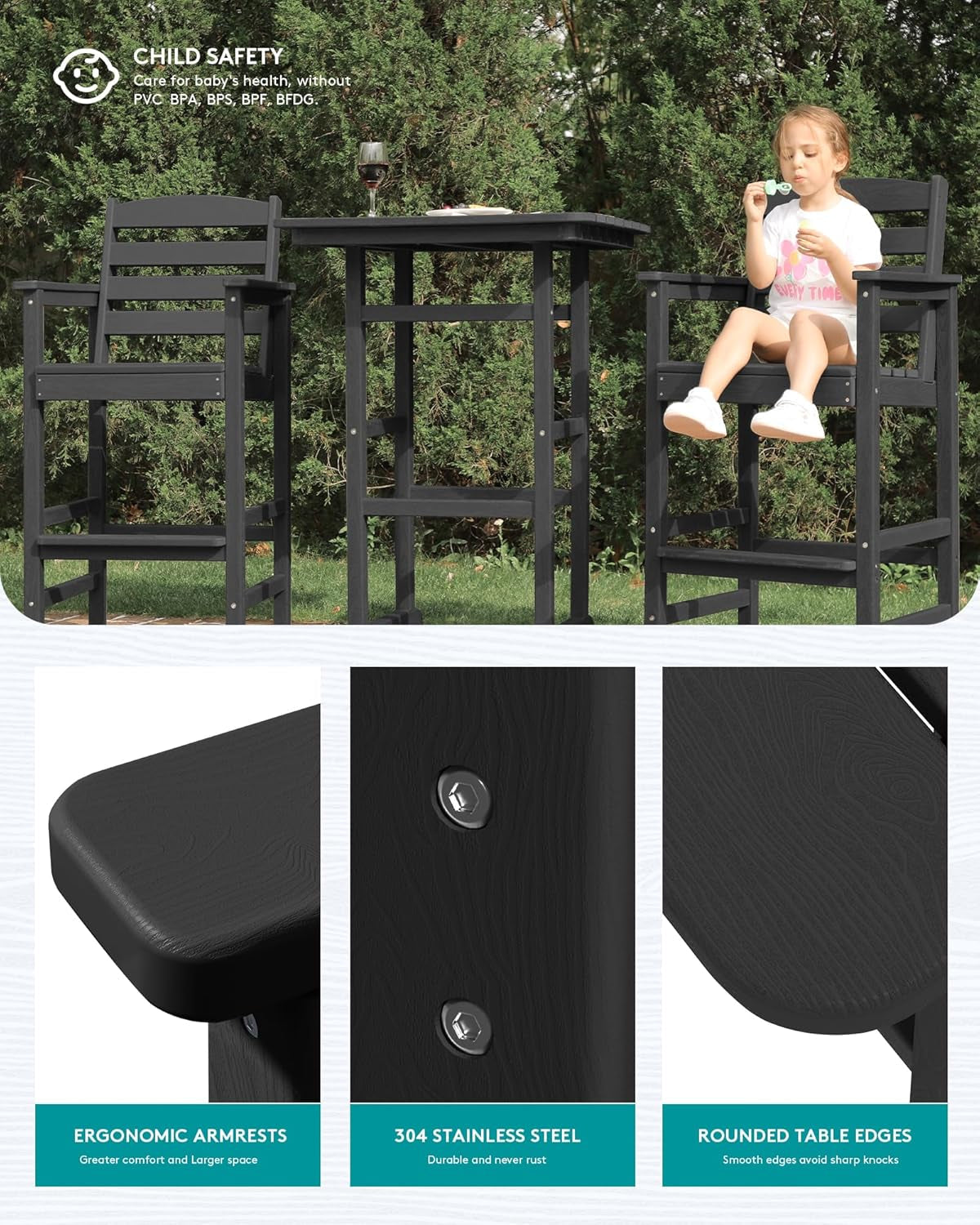 Balcony Adirondack Chairs and Table 3 Pieces Set, Adirondack Bar Height Chairs Set of 2 and Bar Table, Outdoor Bar Stools Set for Bistro, Poolside, Backyard, Black-4