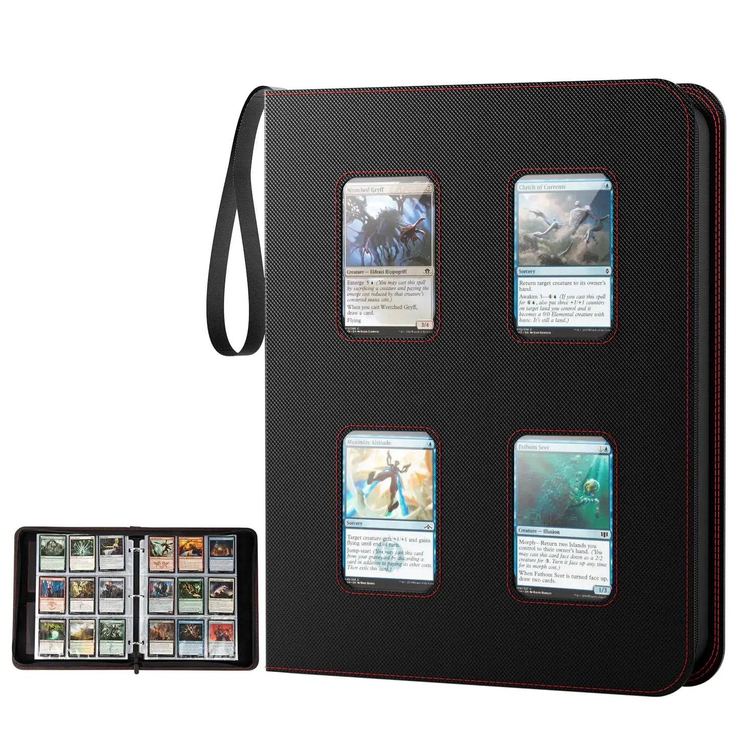 Trading card binder with removable sleeves and clear window for MTG, TCG, sports cards