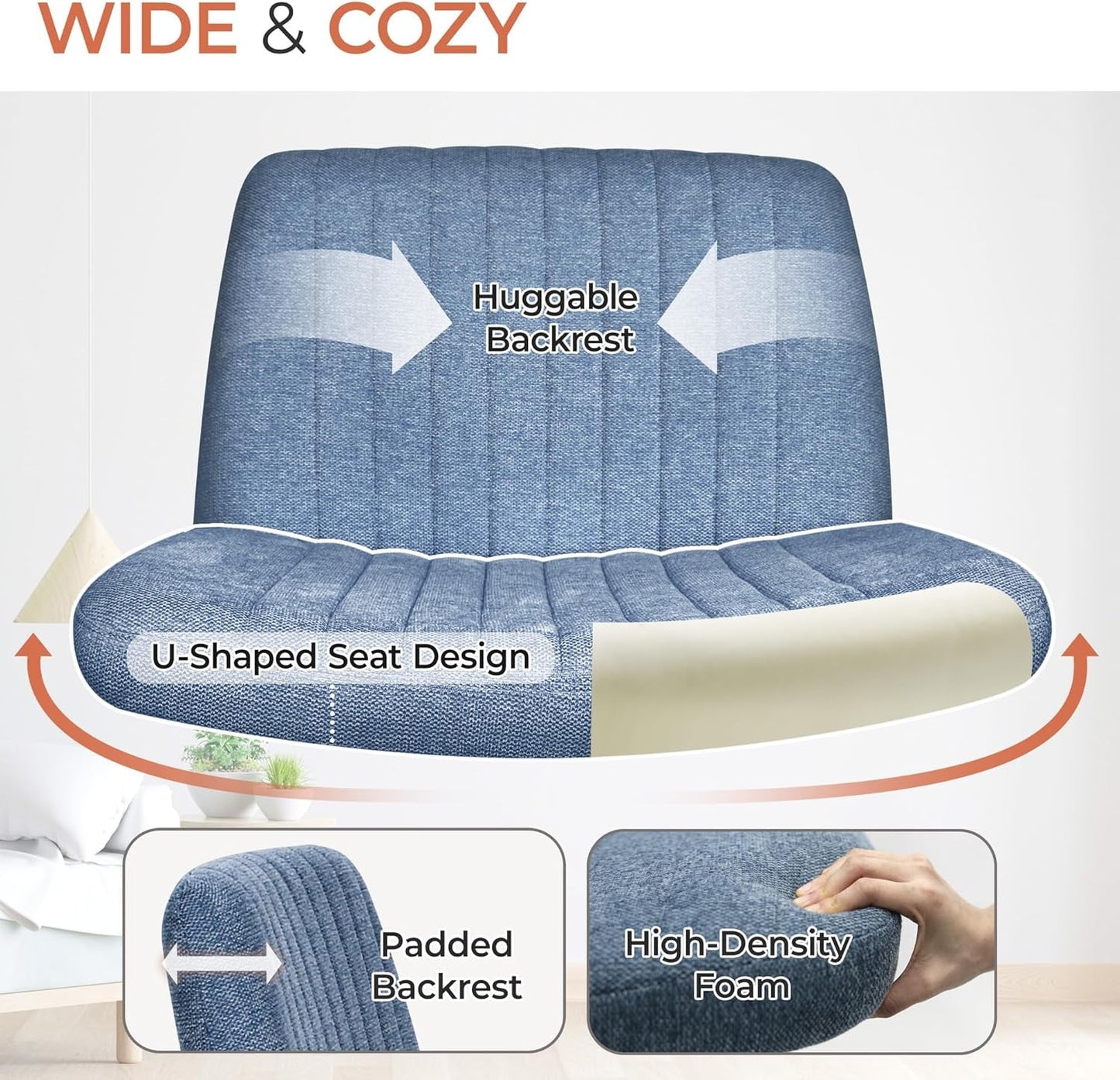 Cross Legged Office Desk Chair No Wheels Fabric Padded Modern Swivel Height Adjustable Wide Seat Computer Task Vanity Chair for Home Office Mid Back Accent Chair (Blue)-2