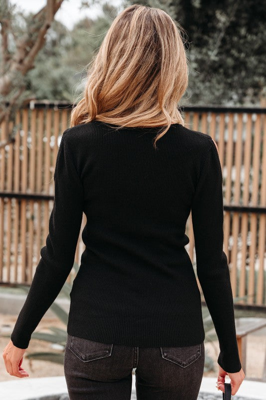 Threaded Pair's Ribbed Knit Cold Shoulder Sweater