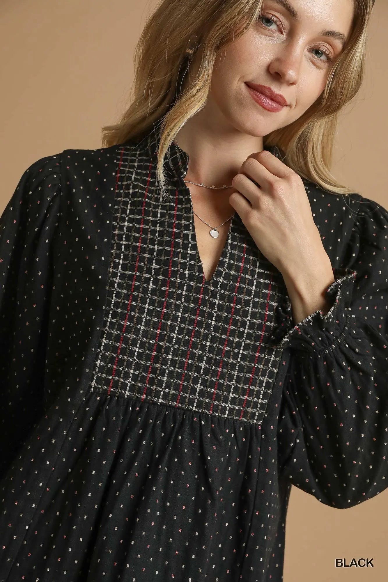 Umgee Polka Dot Plaid Trim Babydoll Dress