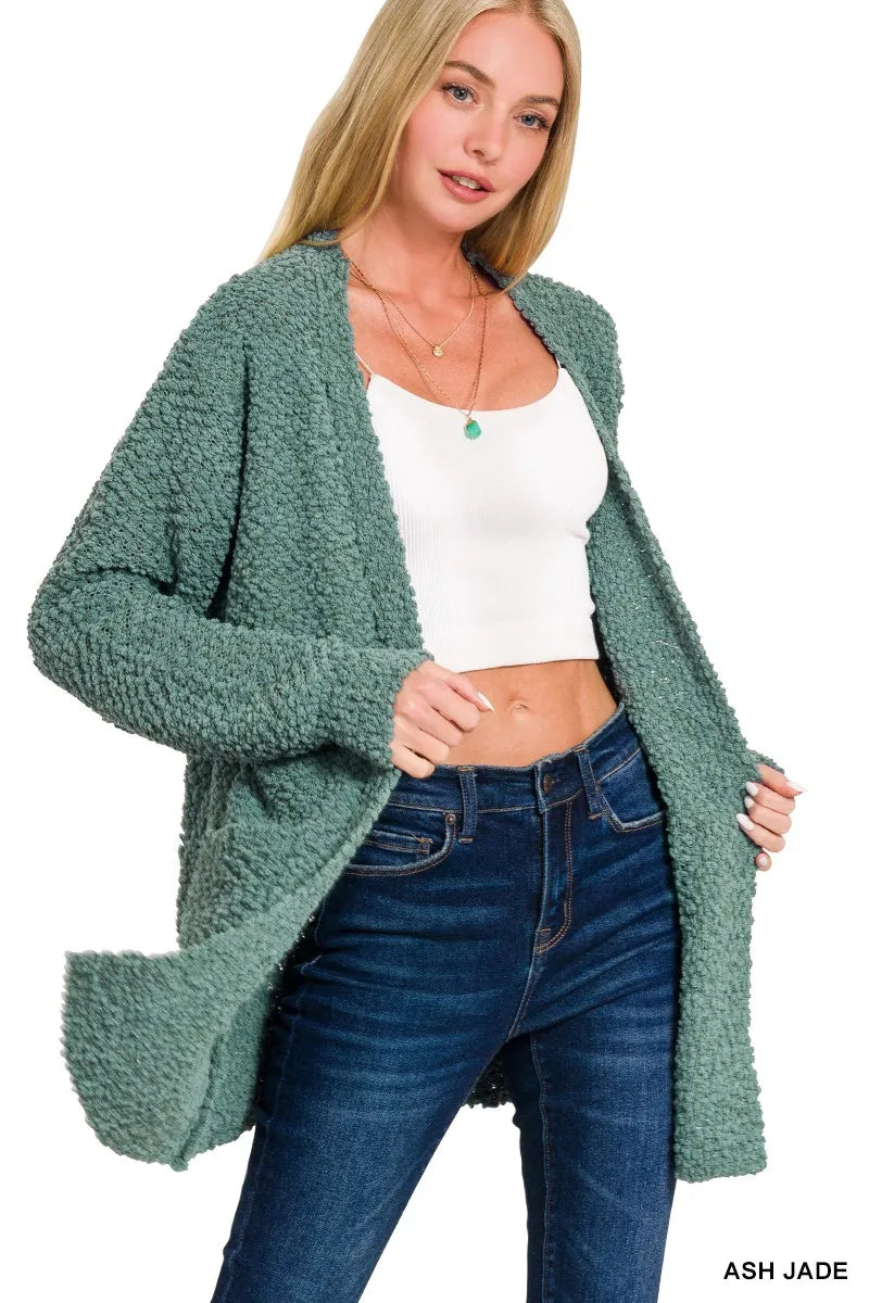 Zenana Long Sleeve Popcorn Sweater Cardigan with Pockets