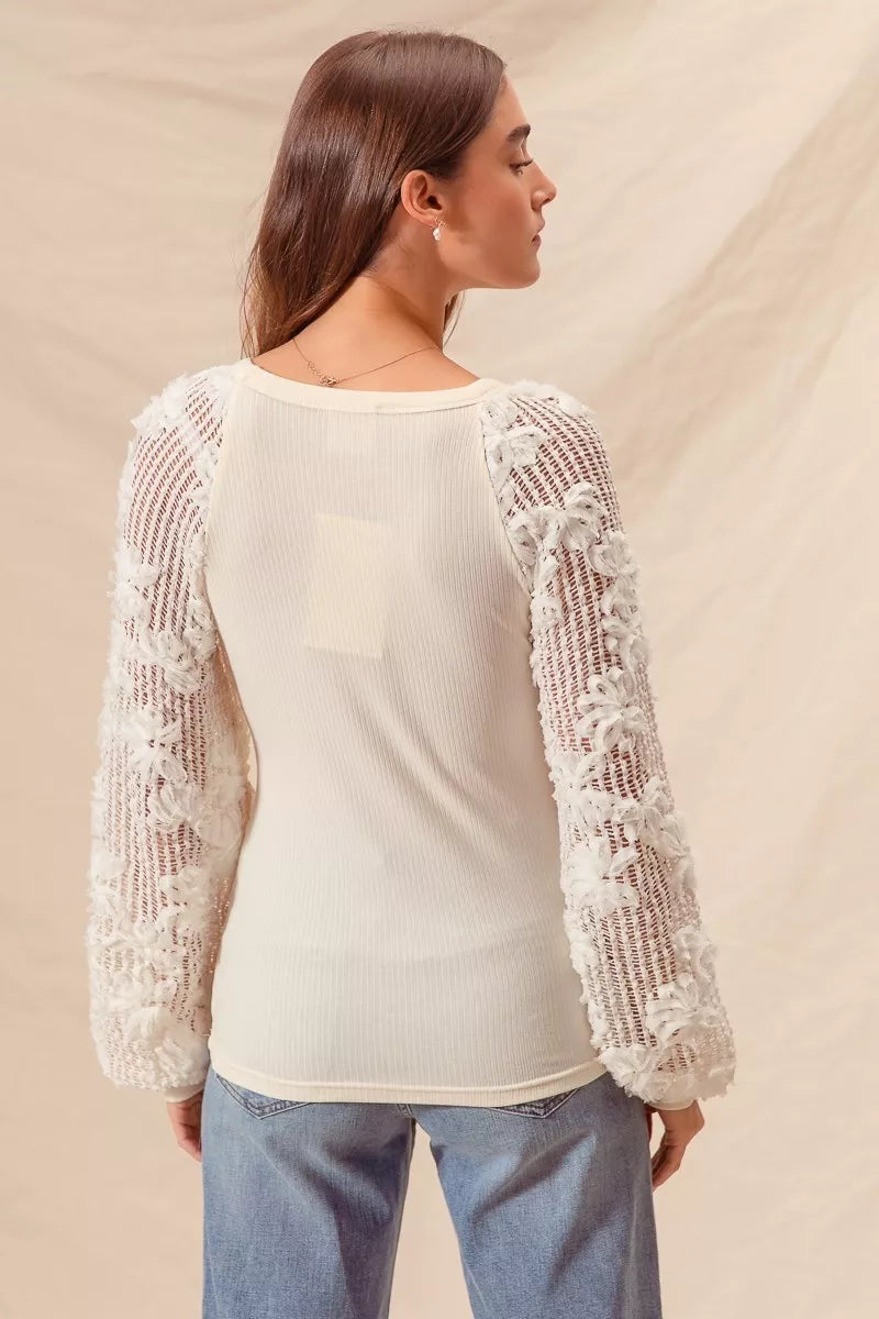 SO ME Rib Knit Top with Lace Balloon Sleeves