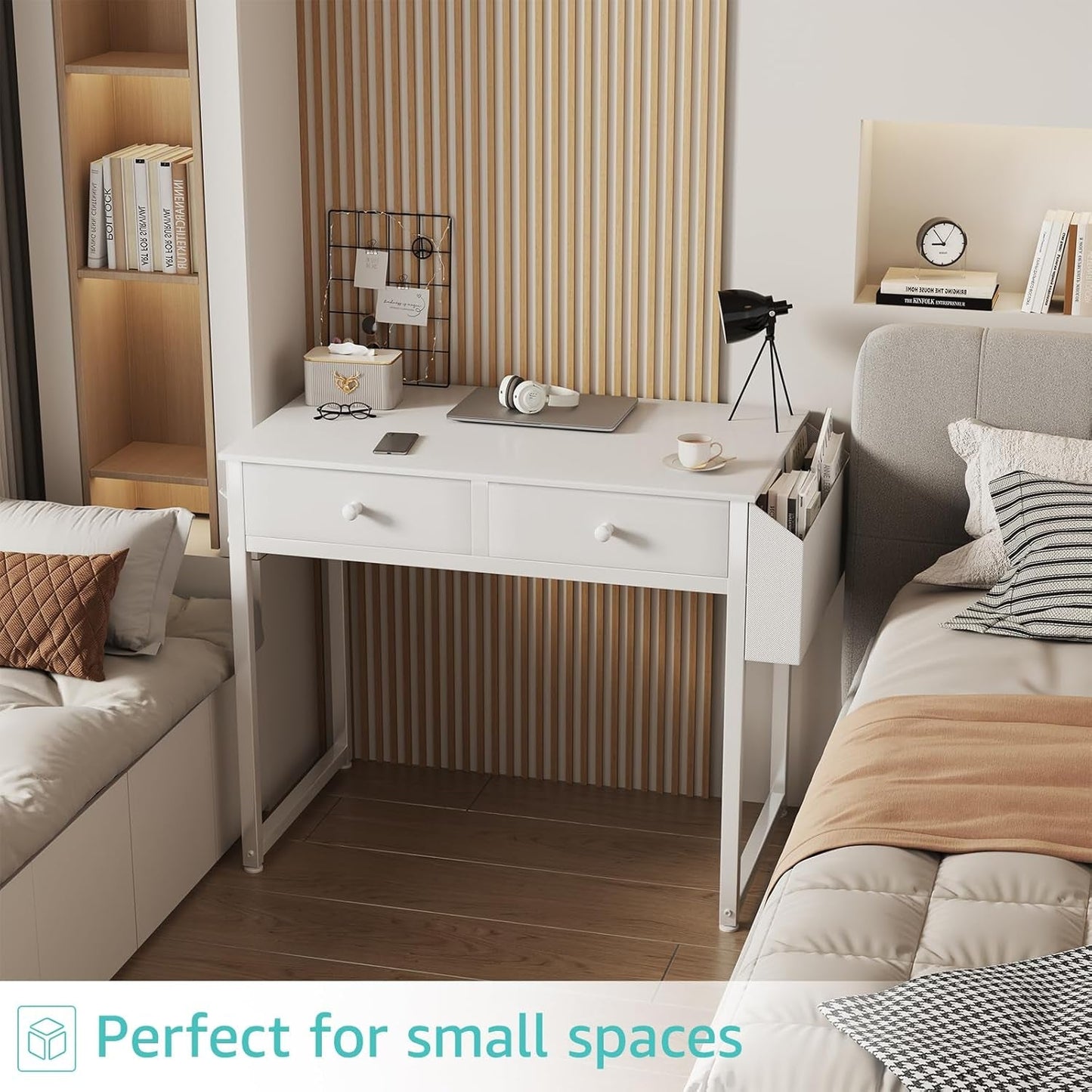 Small White Desk with Drawers - for Bedroom, 32 Inch Home Office Computer Desk with Fabric Storage Drawer and Bag, Study Writing Table for Small Spaces, White-4