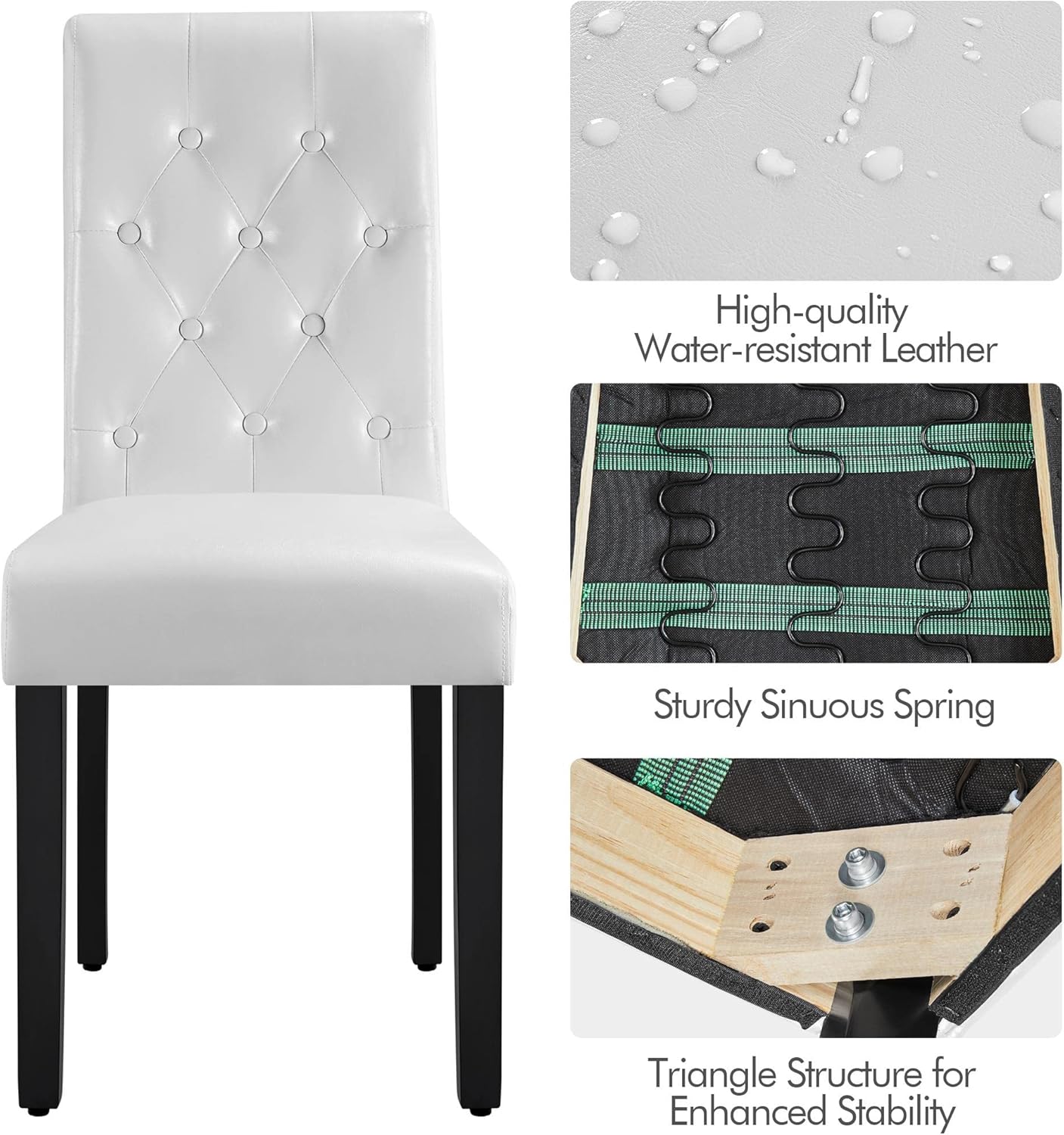 Yaheetech Dining Chairs with Leather Seat and Solid Wood Legs Button Tufted Padded Kitchen Chair Accent Side Chair for Home Kitchen and Restaurant, Set of 6, White-4