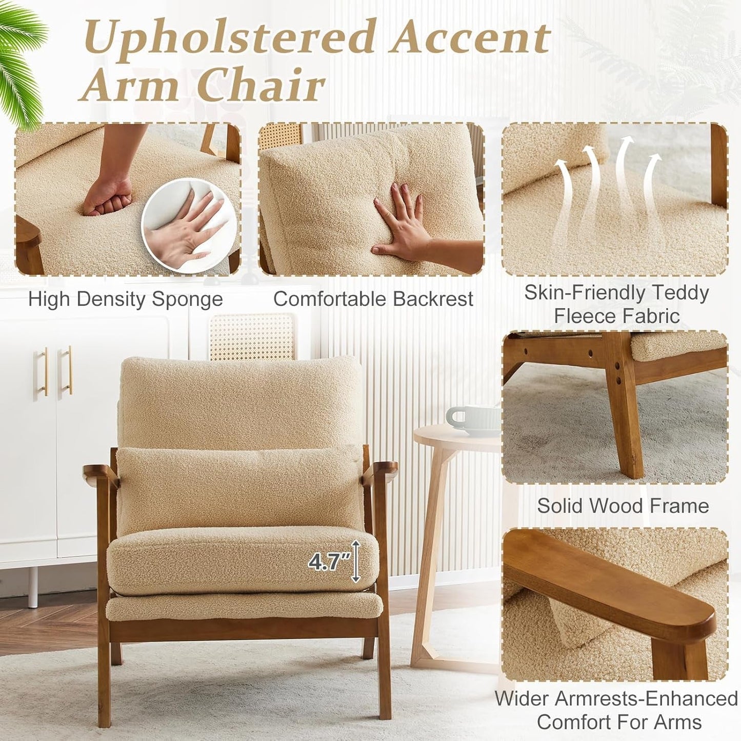 Solid Wood ArmchairWithPillow Khaki Teddy Velvet Upholstery-4