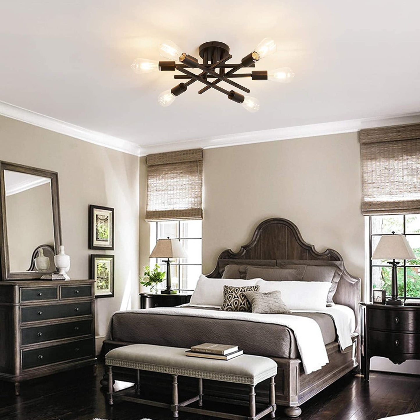 Semi Flush Mount Modern Ceiling Light Fixture, 6 Lights Black Vintage Matte Sputnik Chandelier Ceiling Lamp with E26 Bulb Base for Farmhouse Dining Room Living Room Bedroom Study Kitchen-1