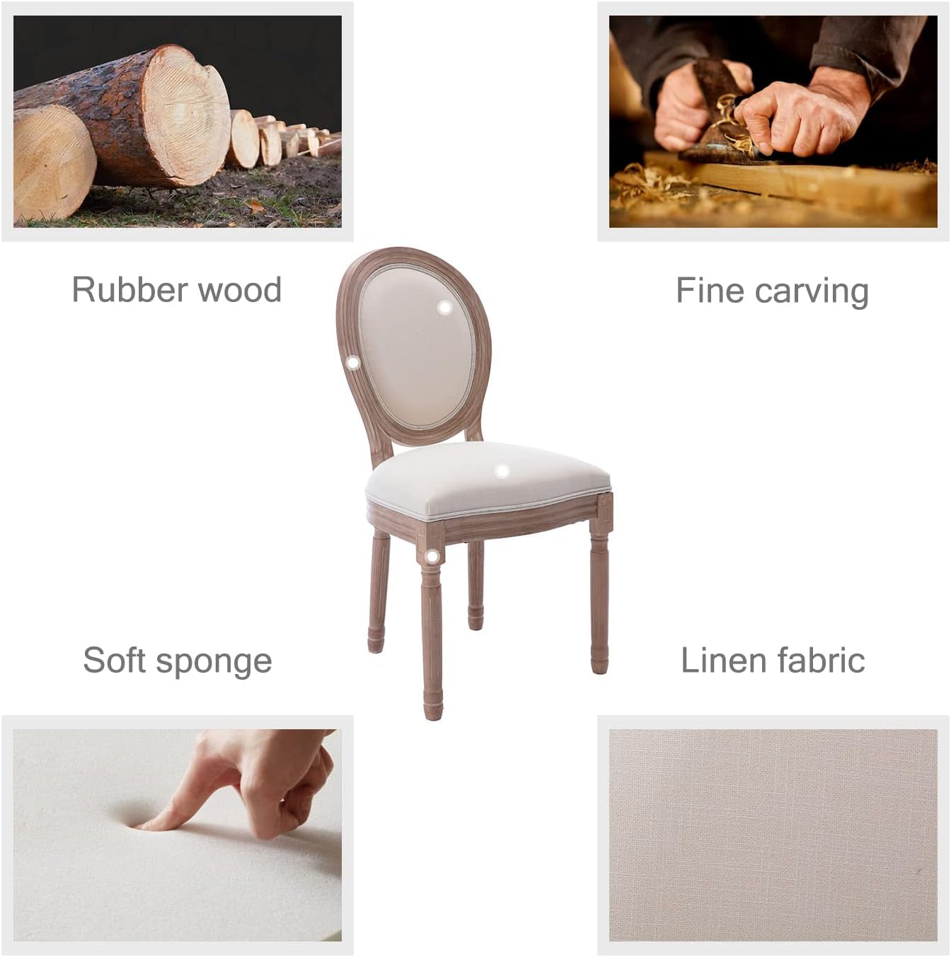 French Country Dining Chairs Set of 6, Farmhouse Dining Chairs with round Backrest, Mid Century Upholstered Dining Chairs with Solid Wood Leg for Dining Room Bedroom Kitchen Restaurant (Beige)-4