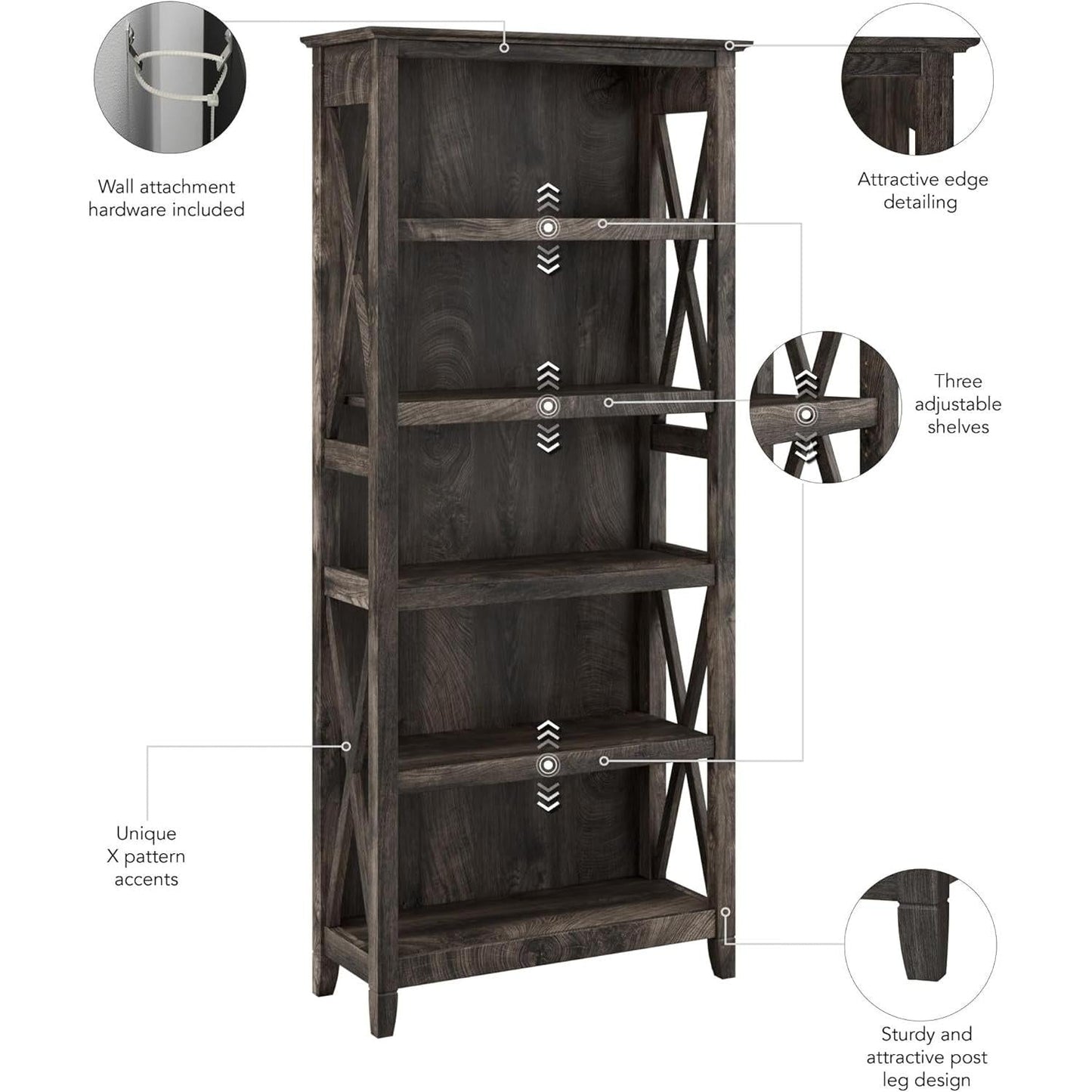 Bush Furniture Tall 5 Shelf Bookcase for Living Room or Home Office, Large Bookshelf, Modern Farmhouse Style, Key West Collection, Dark Gray Hickory-4