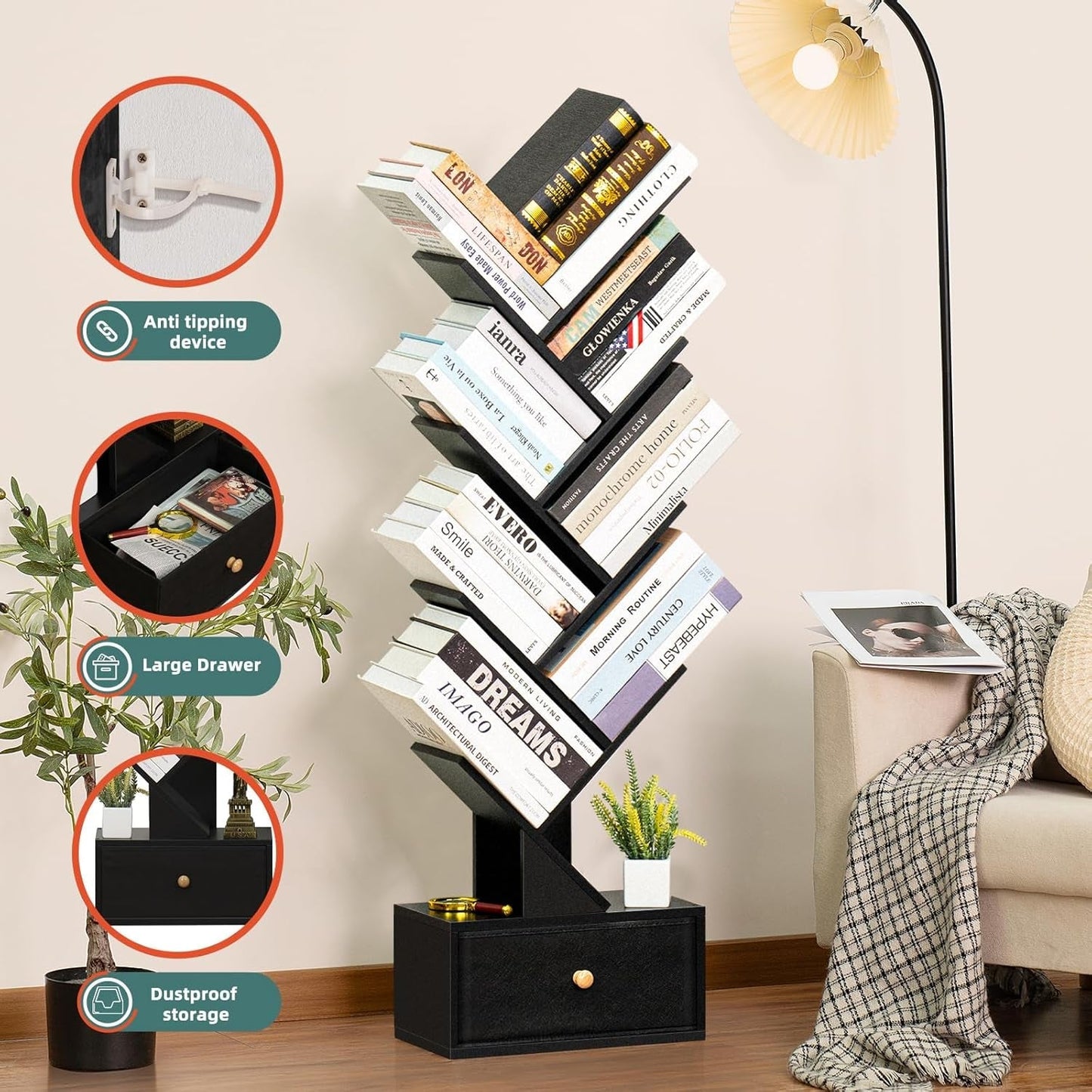 8 Tier Tree Bookshelf with Drawer, Free Standing Wood Bookcase for Living Room, Bedroom, Home Office, Space Saving Storage Organizer Bookshelves for Books, Cds, Vinyl Records- Black-4