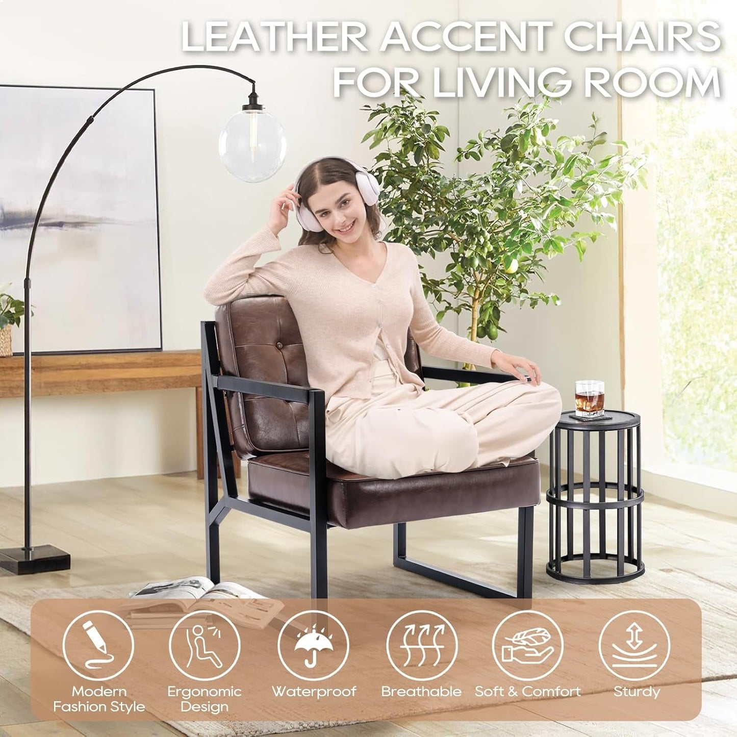 Mid Century Modern Accent Chair Set of 2, Comfy Living Room Chair, Brown Leather Accent Chair, Faux Leather Reception Armchair with Metal Legs for Living Room Bedroom Reception Office, Brown-4