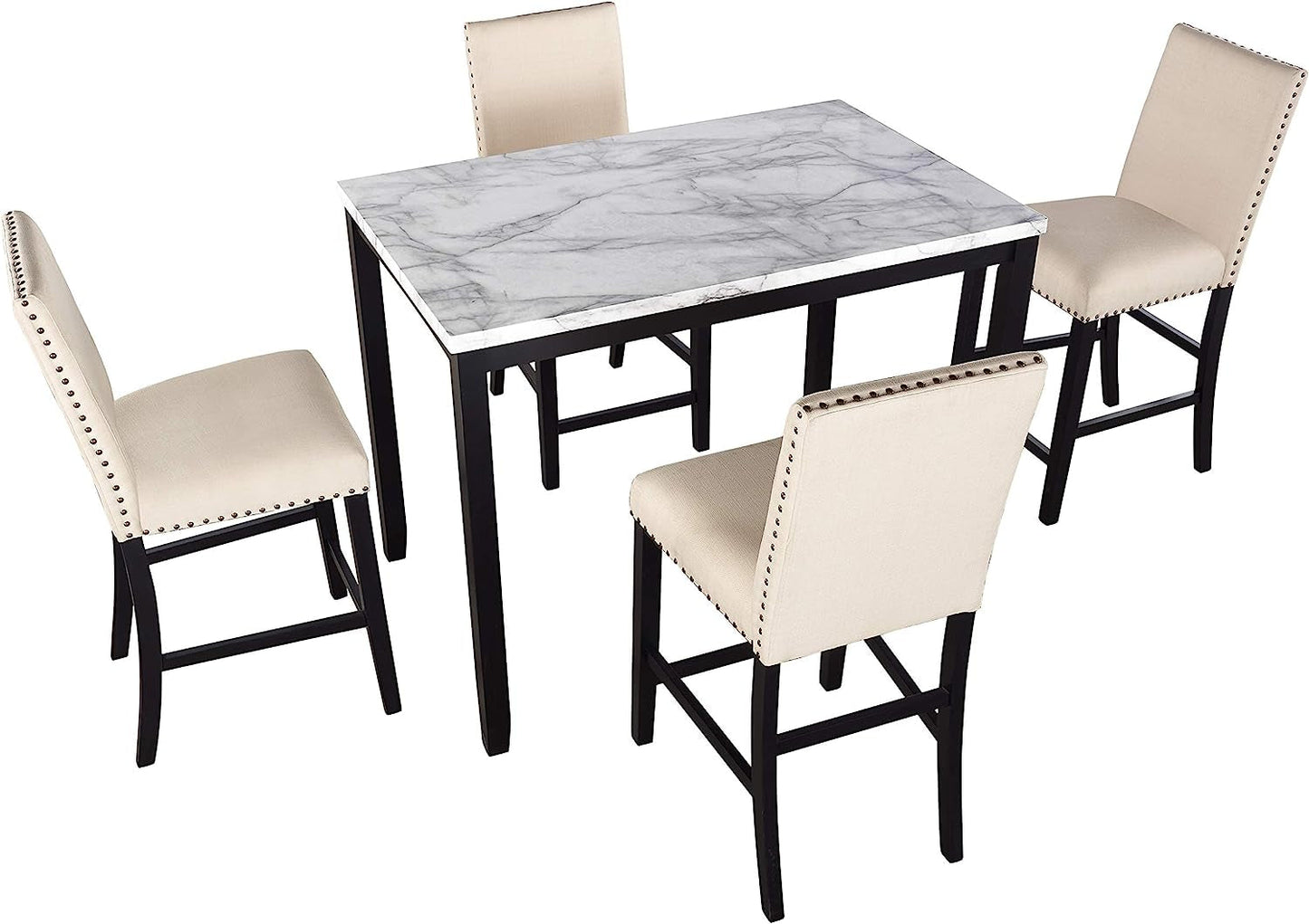 5-Piece Faux Marble Top Counter Height Dining Table Set,-4