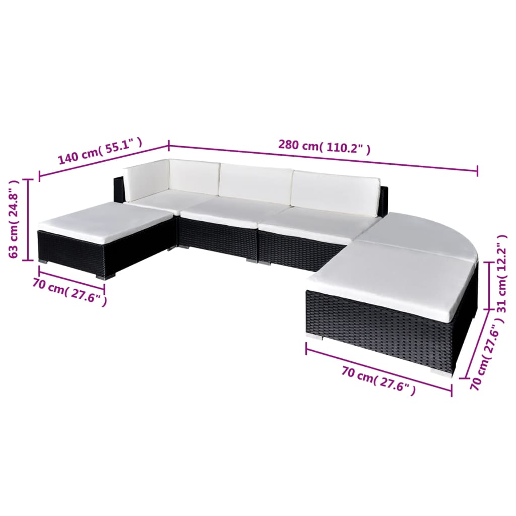 vidaXL 6 Piece Patio Lounge Set with Cushions Poly Rattan Black-4
