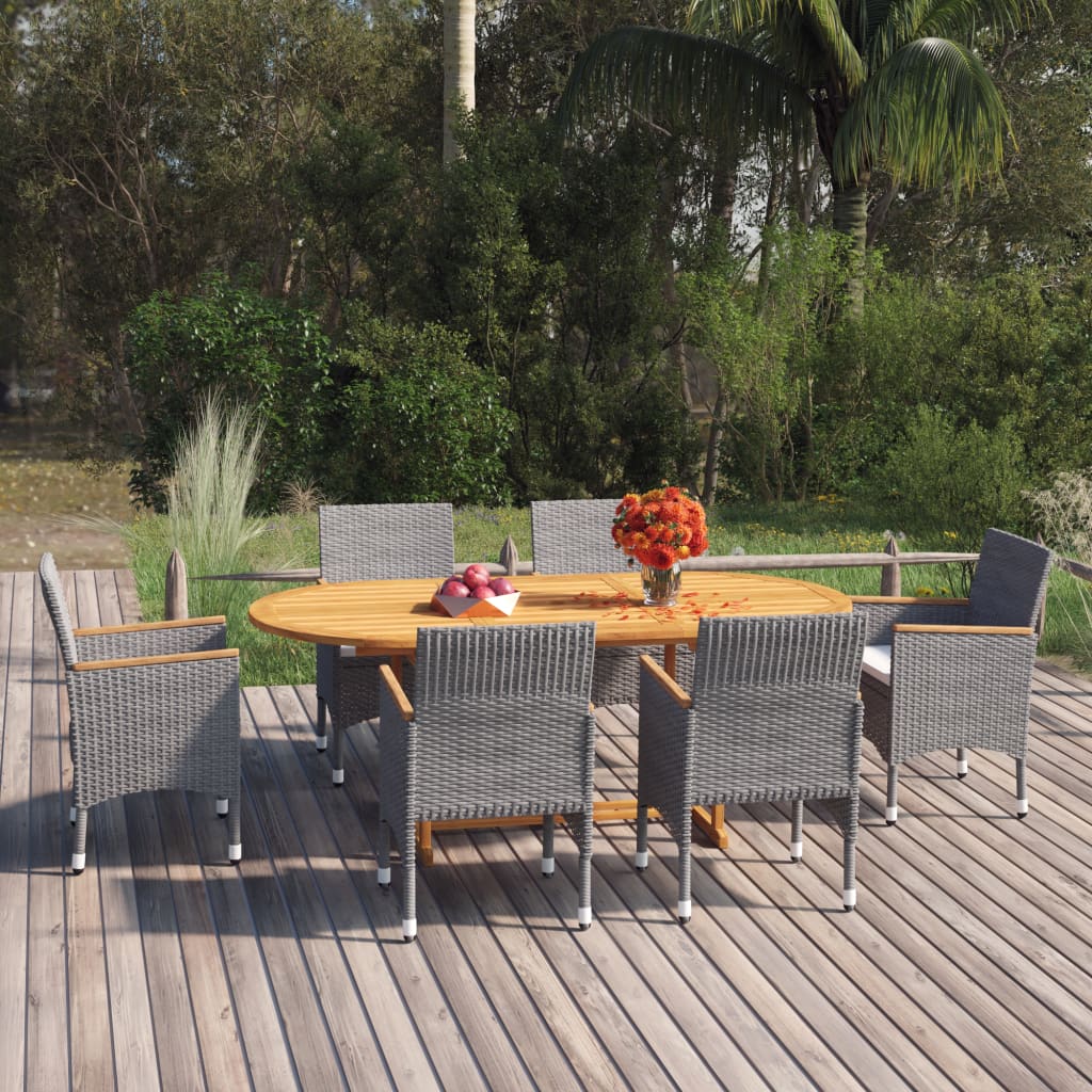 vidaXL Patio Dining Set 7 Piece Poly Rattan Outdoor Seat Furniture Black/Gray-6