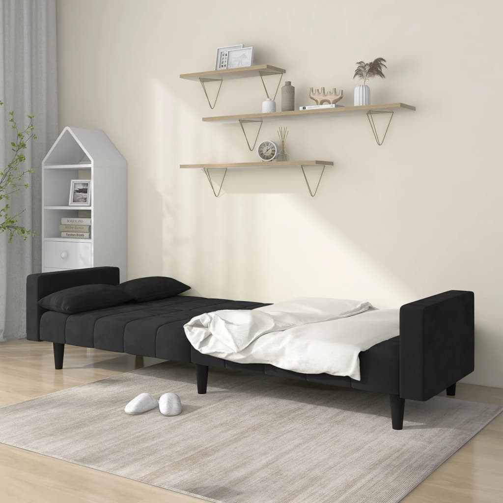vidaXL 2-Seater Sofa Bed with Two Pillows Black Velvet-2