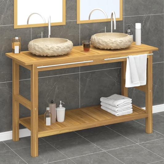 vidaXL Bathroom Vanity Cabinet with Cream Marble Sinks Solid Wood Teak-0